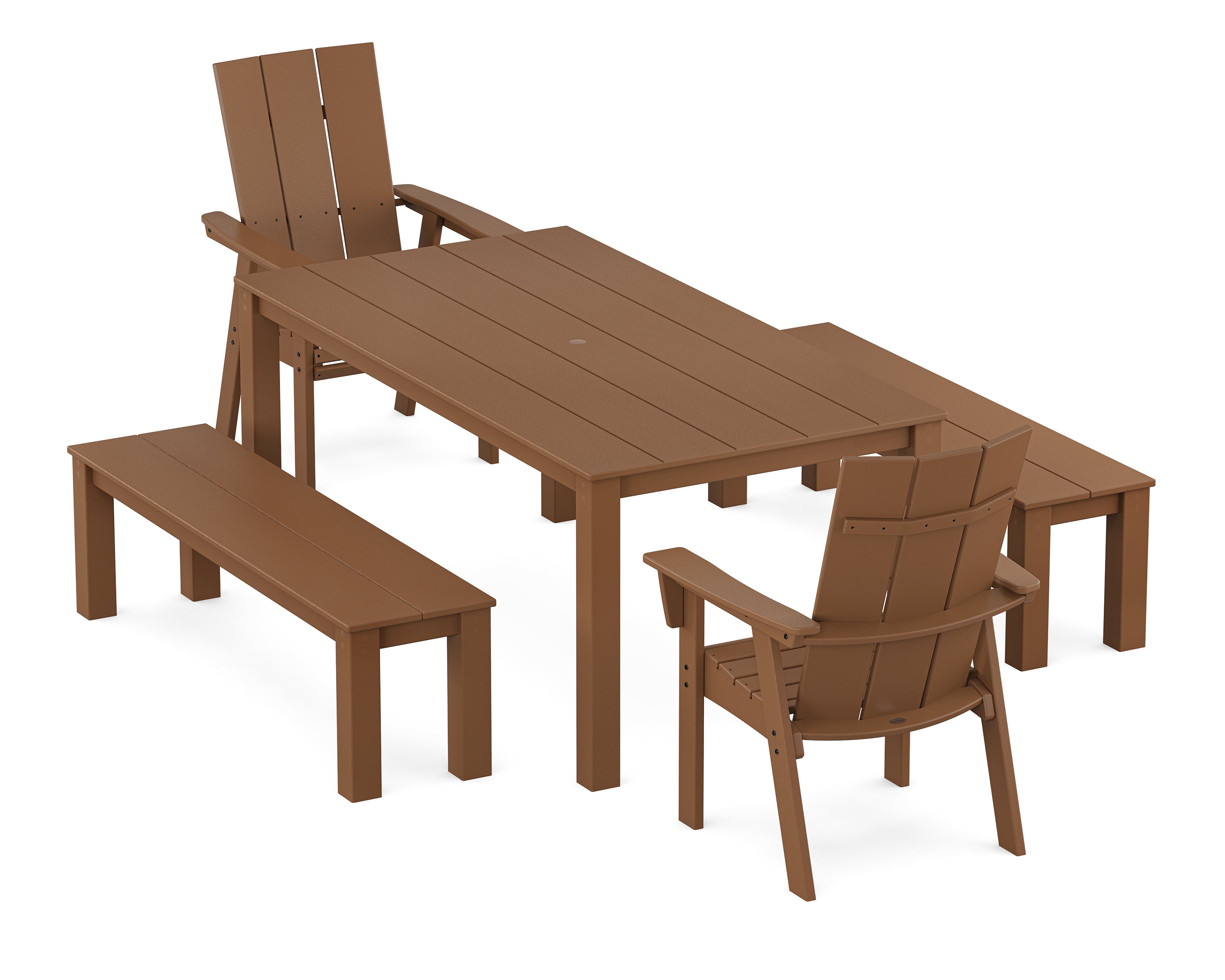 POLYWOOD Modern Curveback Adirondack 5-Piece Parsons Dining Set with Benches in Teak