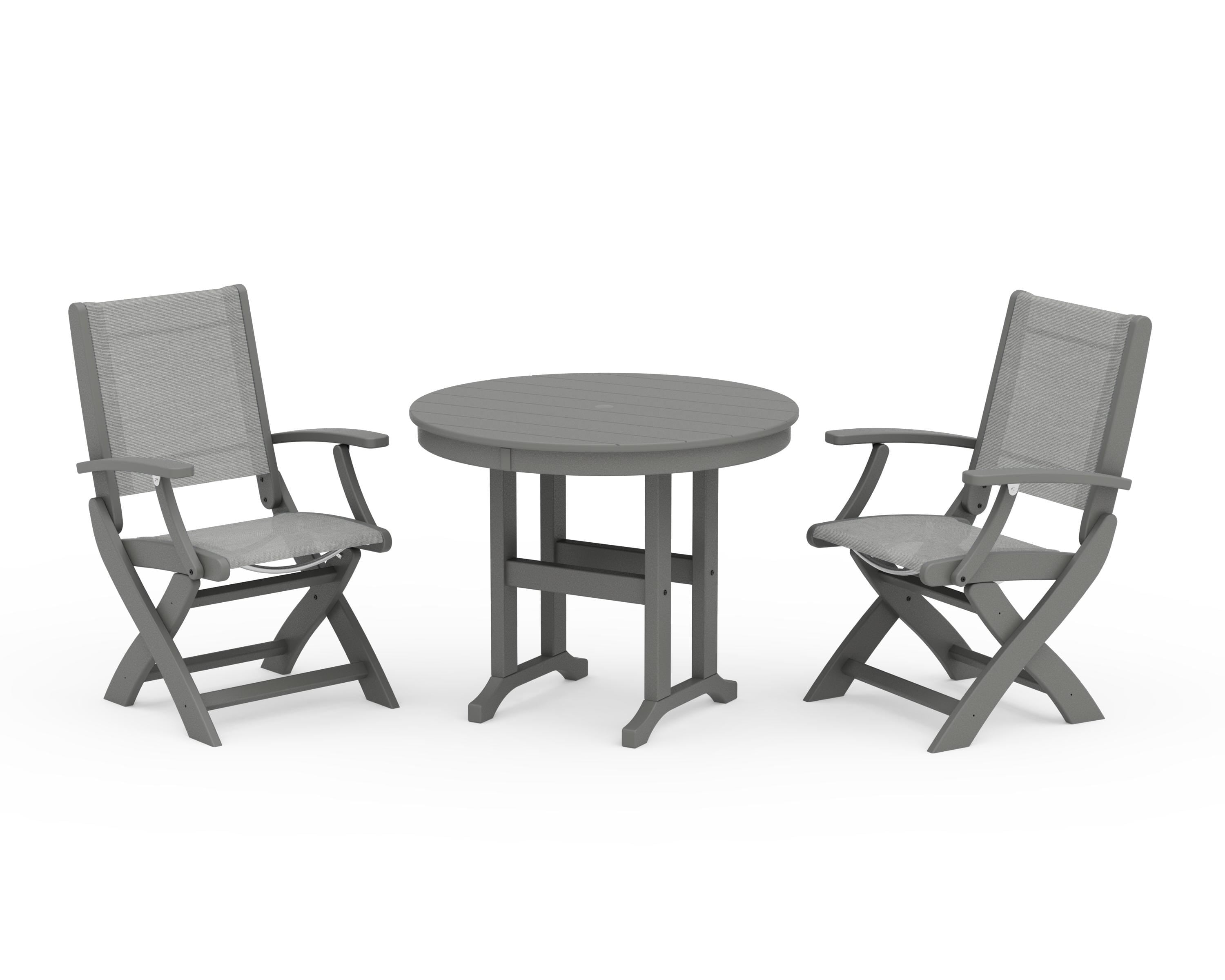 POLYWOOD Coastal Folding Chair 3-Piece Round Dining Set in Slate Grey / Metallic Sling