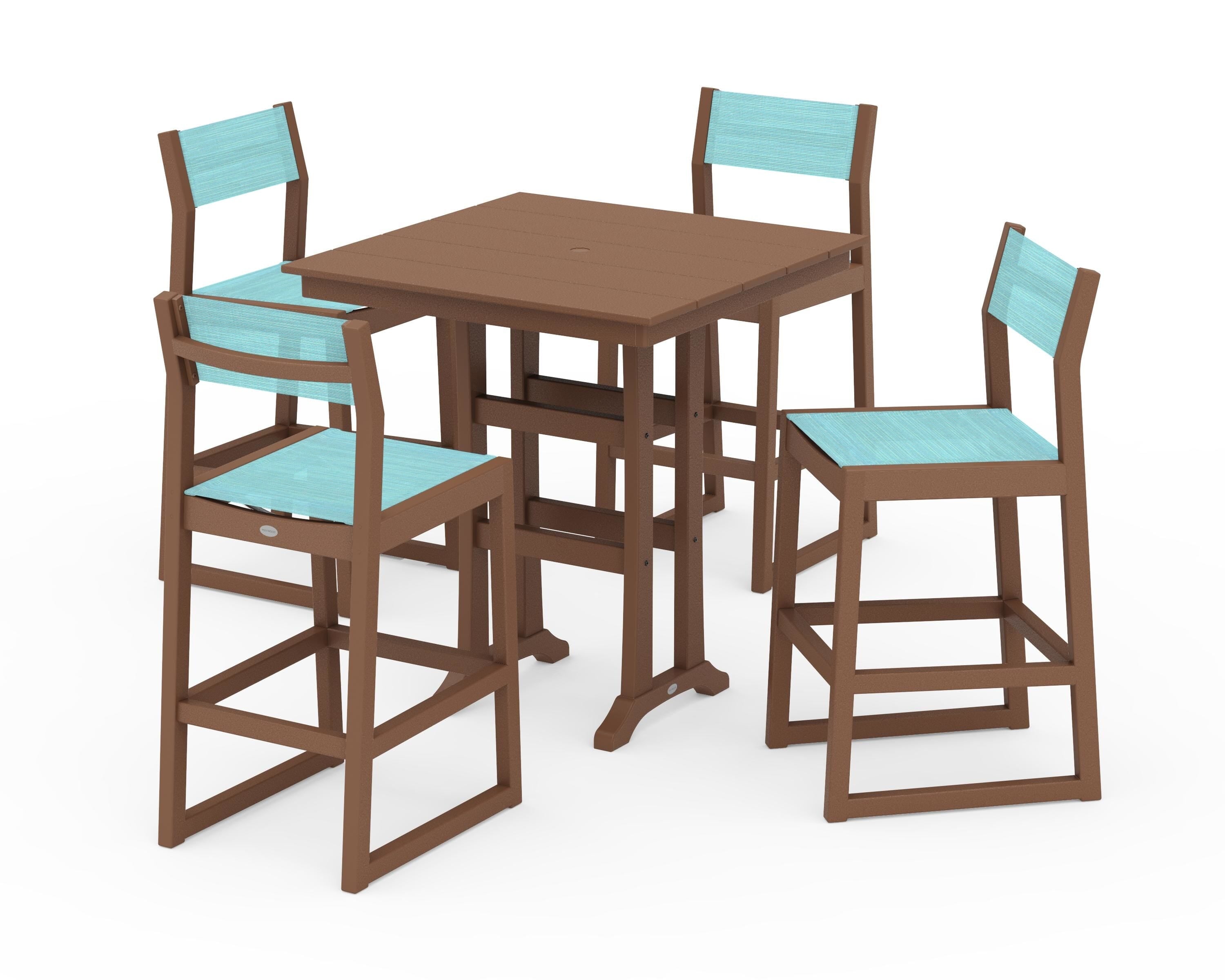 POLYWOOD EDGE Sling Arm Chair 5-Piece Farmhouse Bar Set with Trestle Legs in Teak / Dupioni Aquamarine Sling