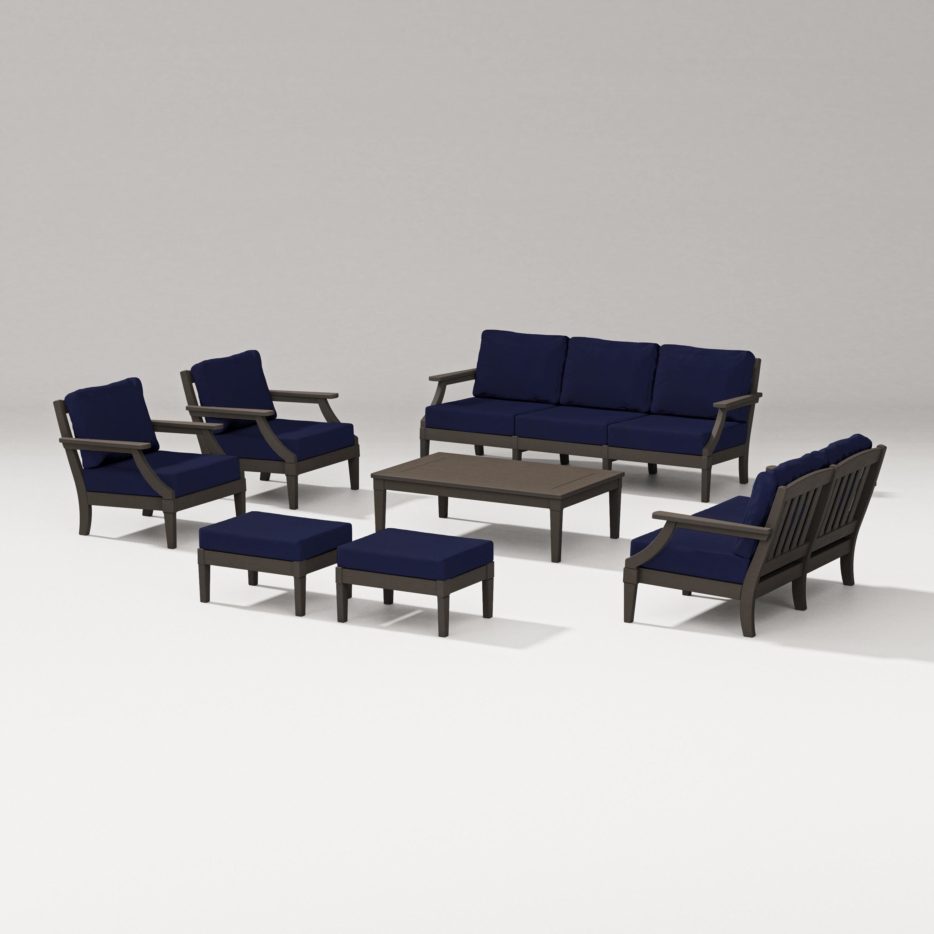 PW Designer Series Estate 7-Piece Lounge Sofa Set in Vintage Coffee / Navy