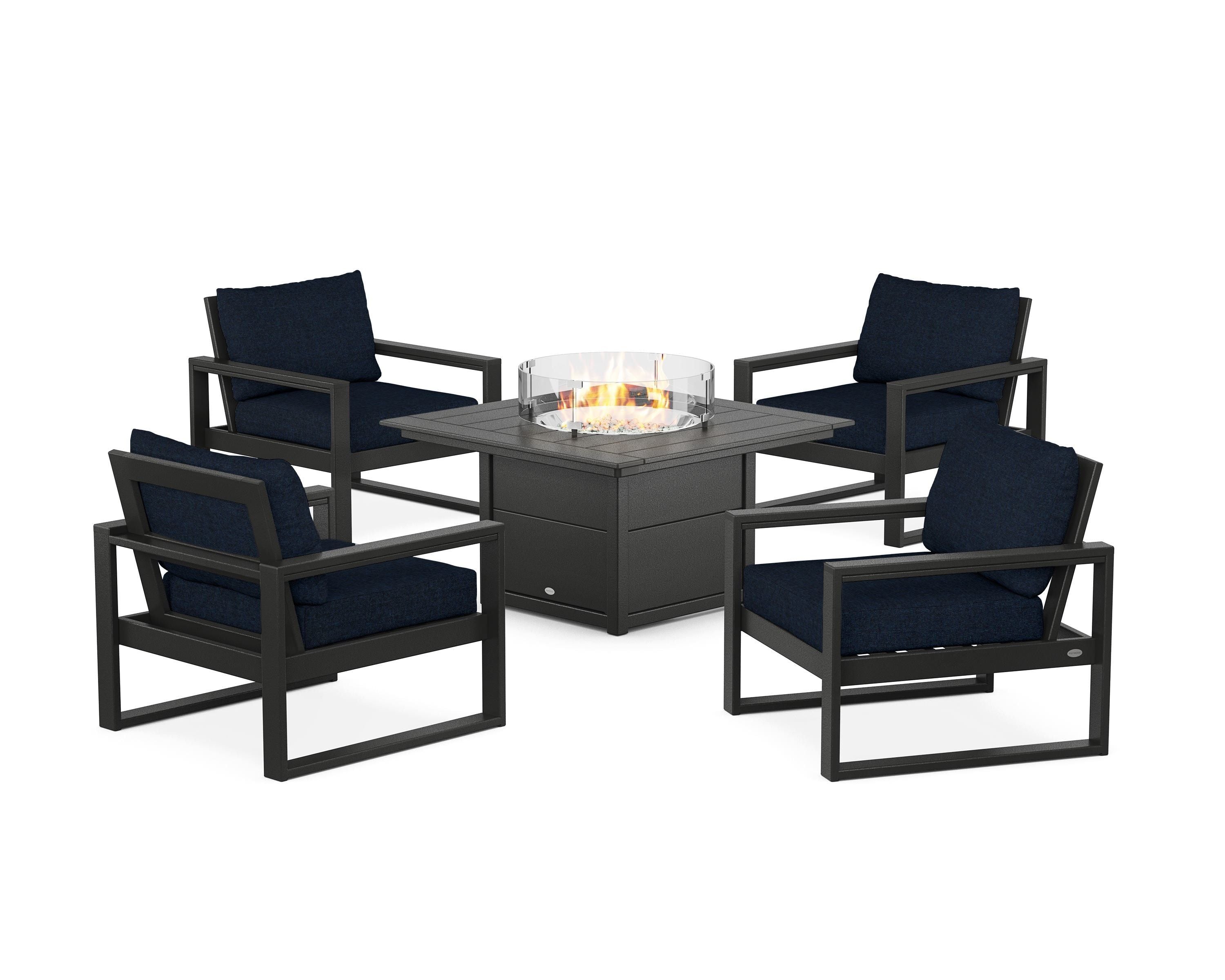 POLYWOOD EDGE Sectional 5-Piece Deep Seating Set with Fire Pit Table in Black / Marine Indigo