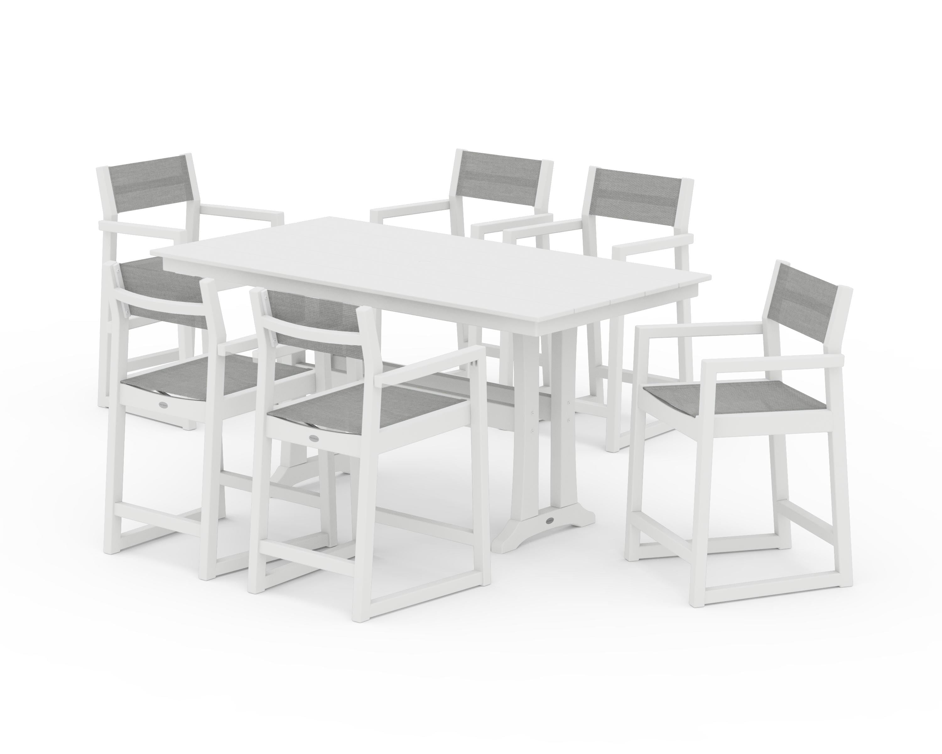 POLYWOOD EDGE Sling Arm Chair 7-Piece Farmhouse Counter Set with Trestle Legs in White / Metallic Sling