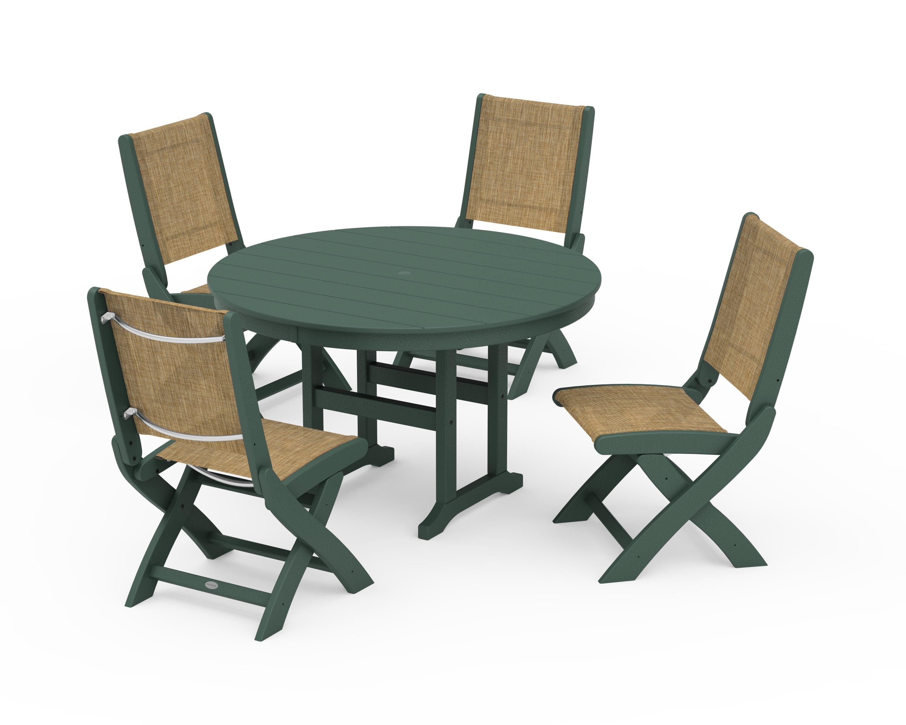 POLYWOOD Coastal Folding Side Chair 5-Piece Round Dining Set in Green / Burlap Sling
