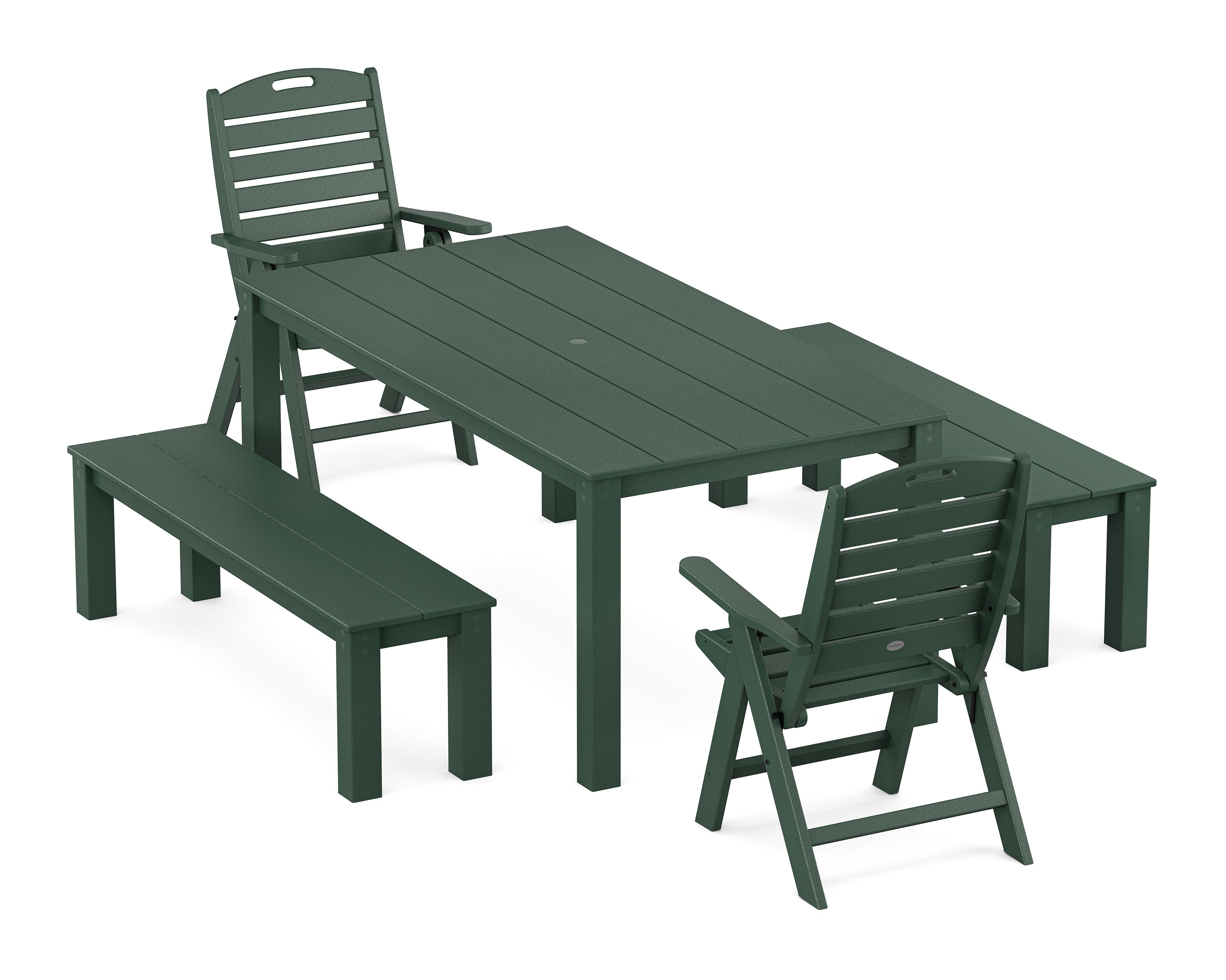 POLYWOOD Nautical Folding Highback Chair 5-Piece Parsons Dining Set with Benches in Green
