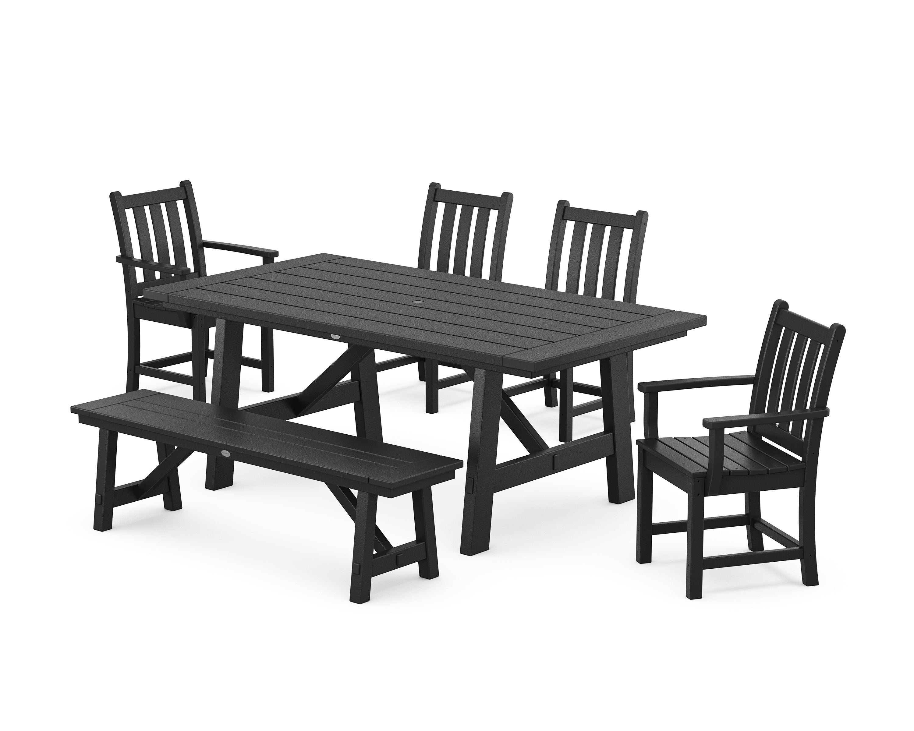 POLYWOOD Traditional Garden 6-Piece Rustic Farmhouse Dining Set With Bench in Black
