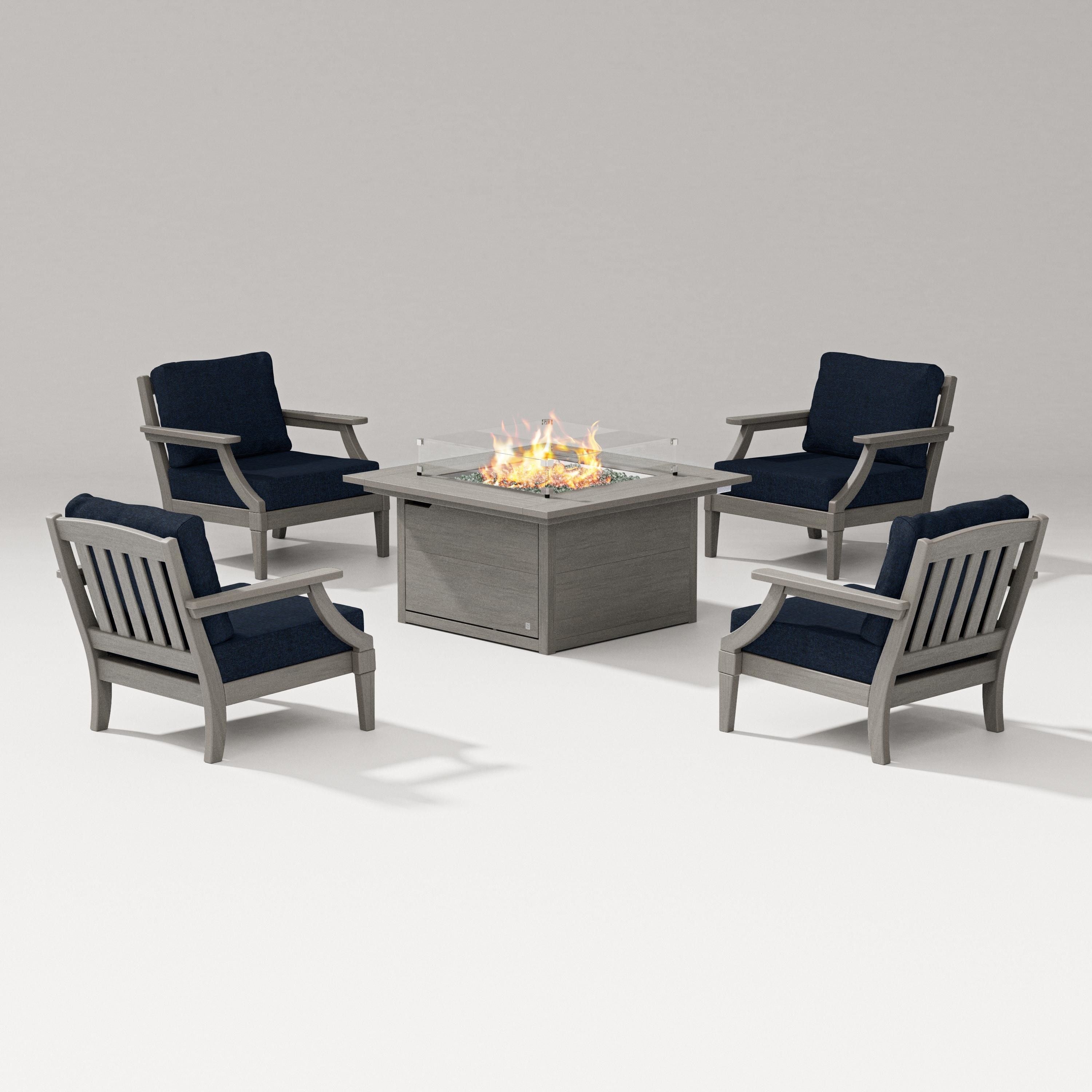 PW Designer Series Estate 5-Piece Lounge Fire Table Set in Driftwood / Marine Indigo