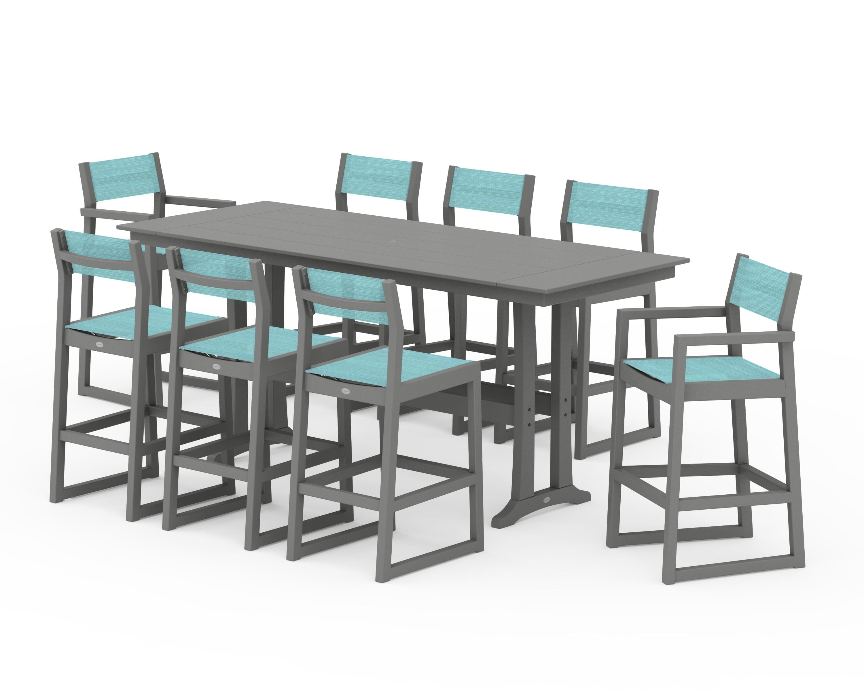 POLYWOOD EDGE Sling 9-Piece Farmhouse Bar Set with Trestle Legs in Slate Grey / Dupioni Aquamarine Sling