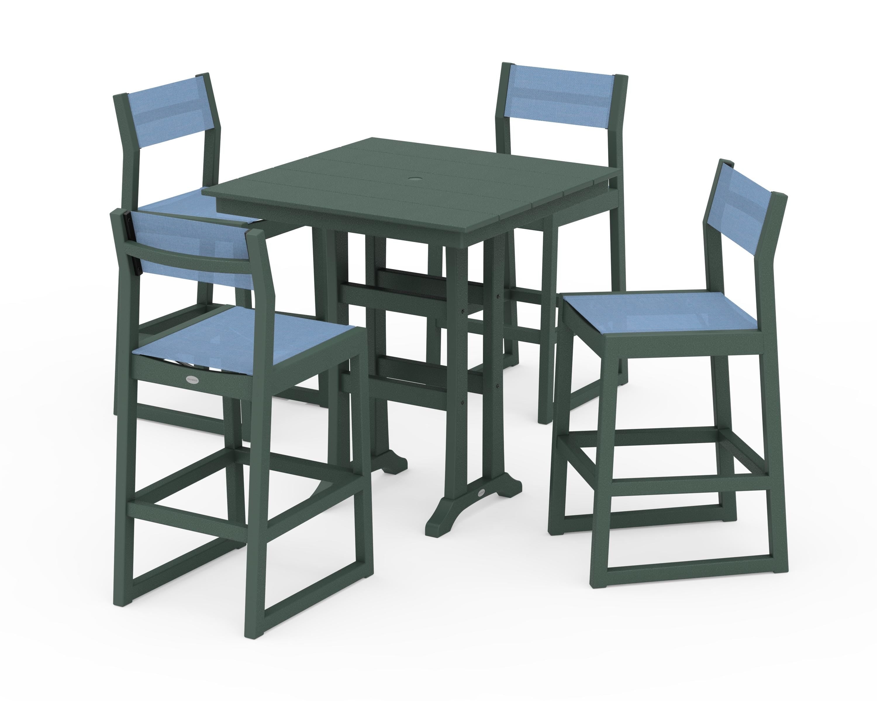 POLYWOOD EDGE Sling Arm Chair 5-Piece Farmhouse Bar Set with Trestle Legs in Green / Poolside Sling