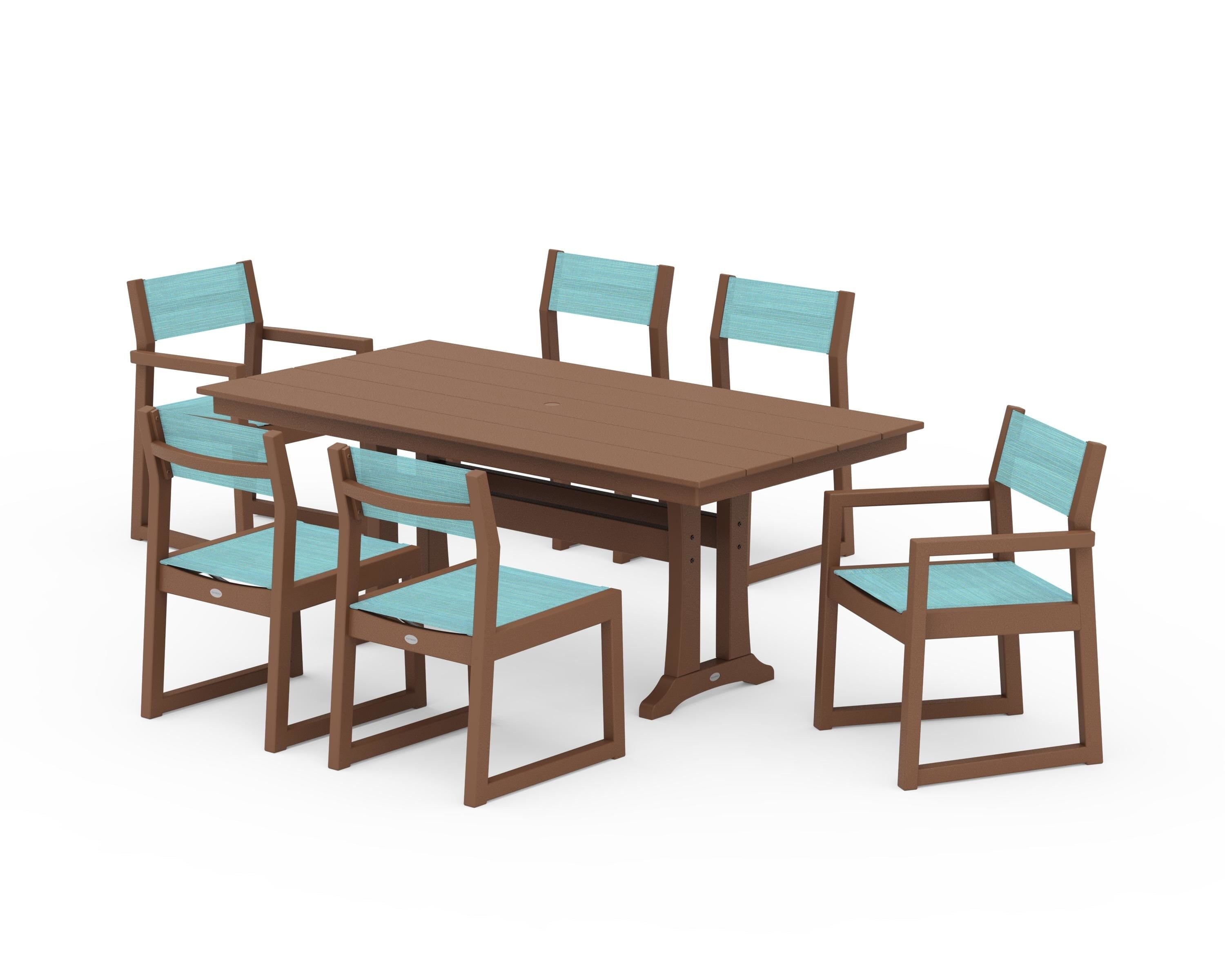 POLYWOOD EDGE Sling 7-Piece Farmhouse Trestle Dining Set in Teak / Dupioni Aquamarine Sling