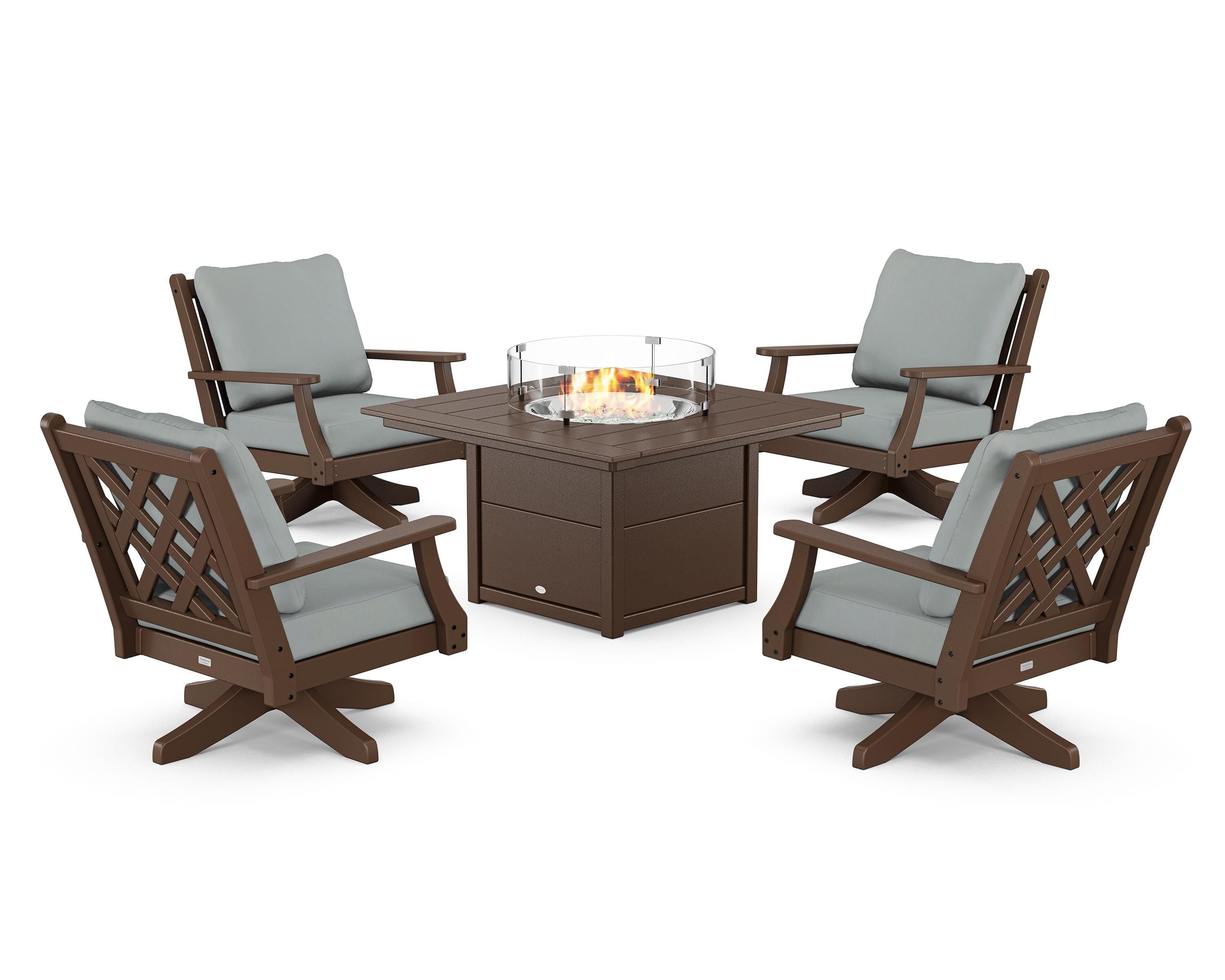 Country Living Wovendale 5-Piece Deep Seating Swivel Conversation Set with Fire Pit Table in Mahogany / Spa