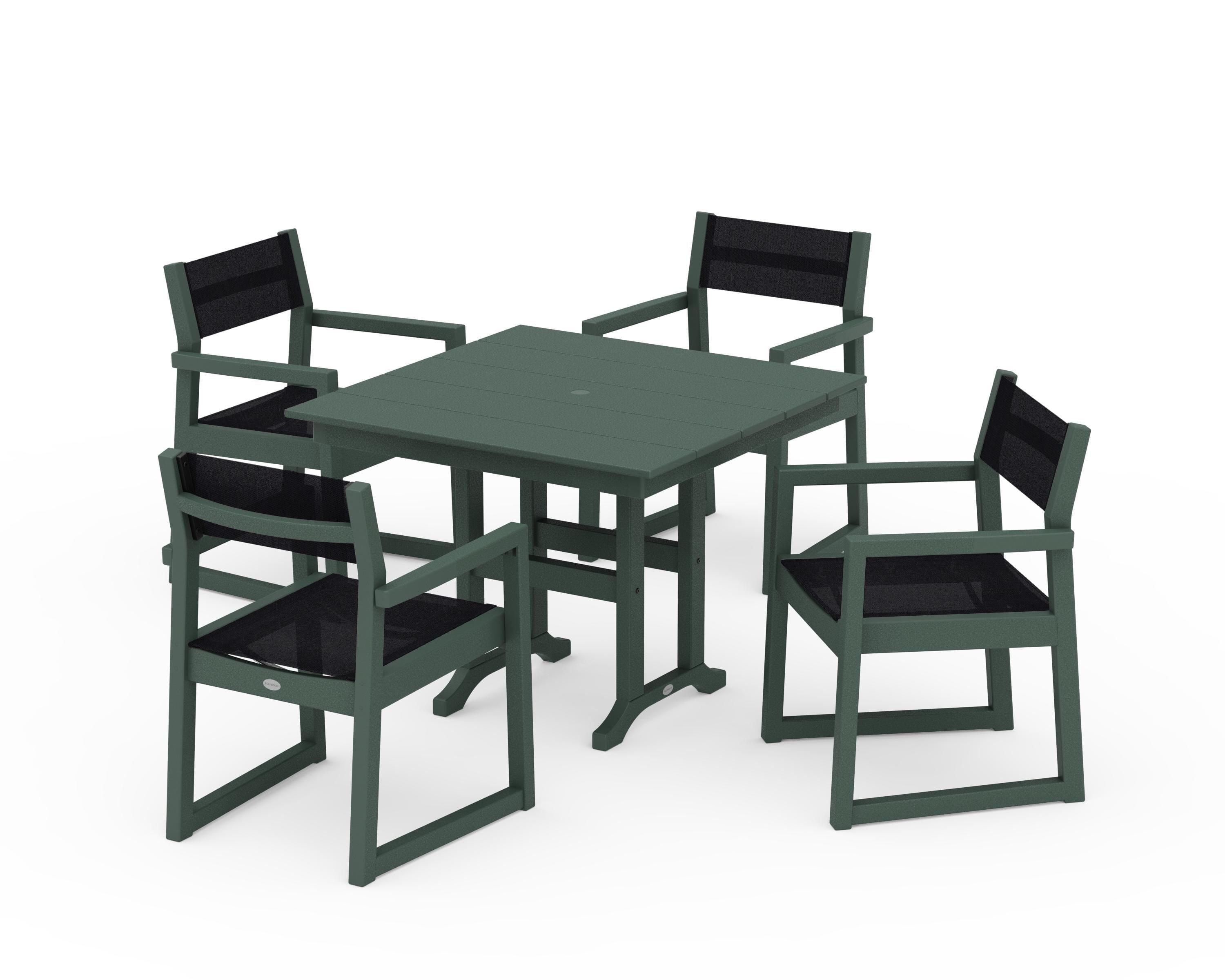 POLYWOOD EDGE Sling Arm Chair 5-Piece Farmhouse Dining Set in Green / Black Sling