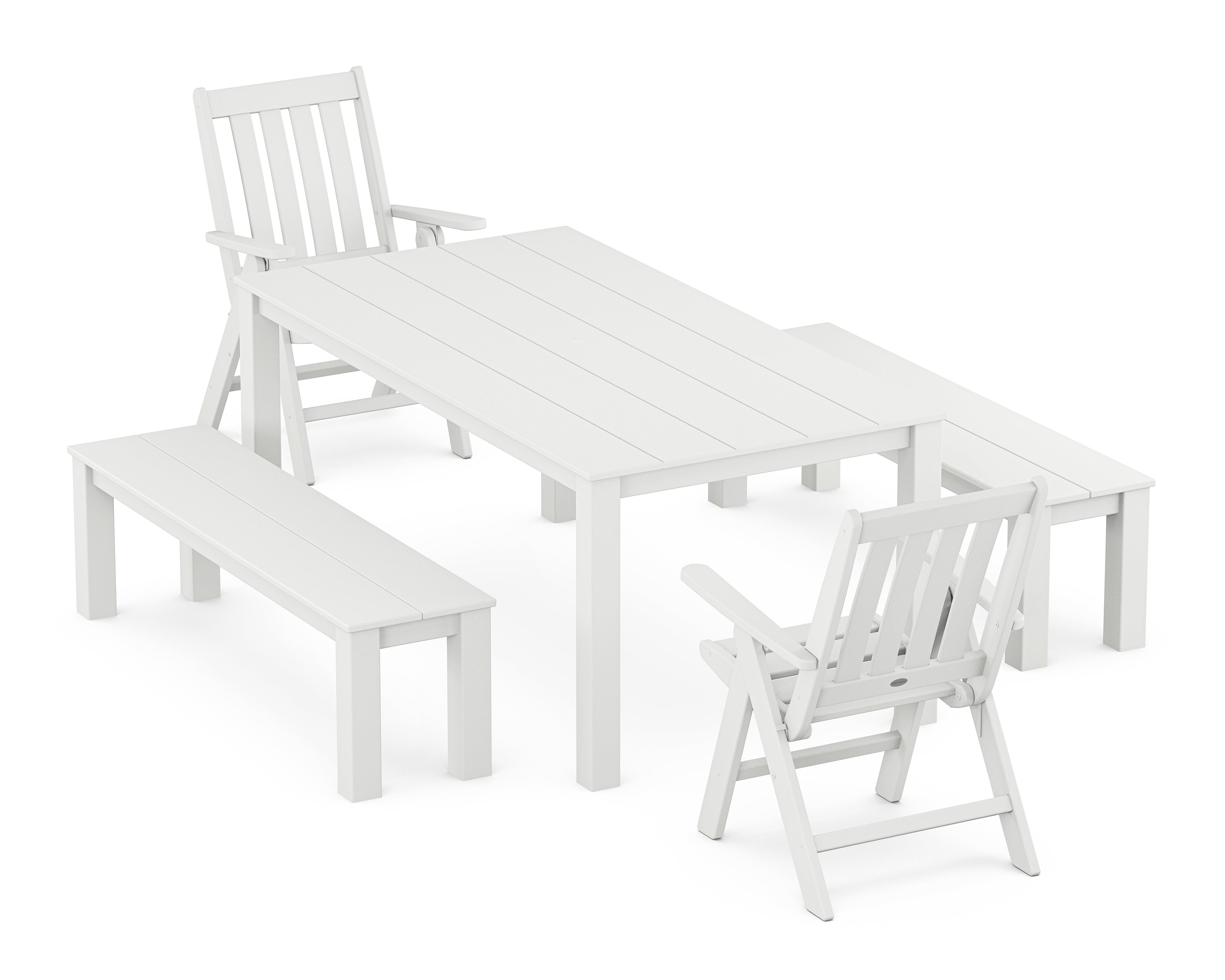 POLYWOOD® Vineyard Folding Chair 5-Piece Parsons Dining Set with Benches in White