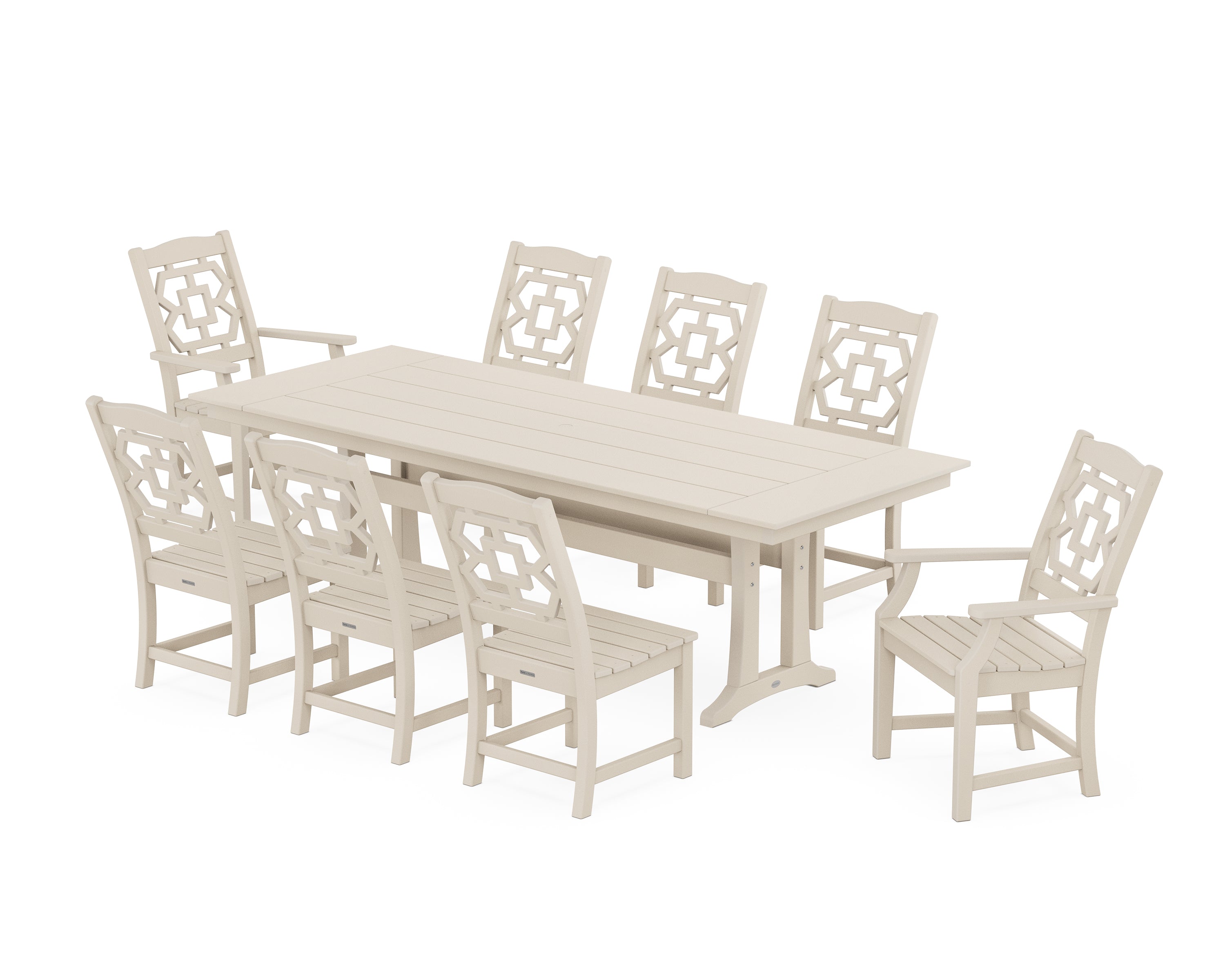 Martha Stewart by POLYWOOD® Chinoiserie 9-Piece Farmhouse Dining Set with Trestle Legs in Sand