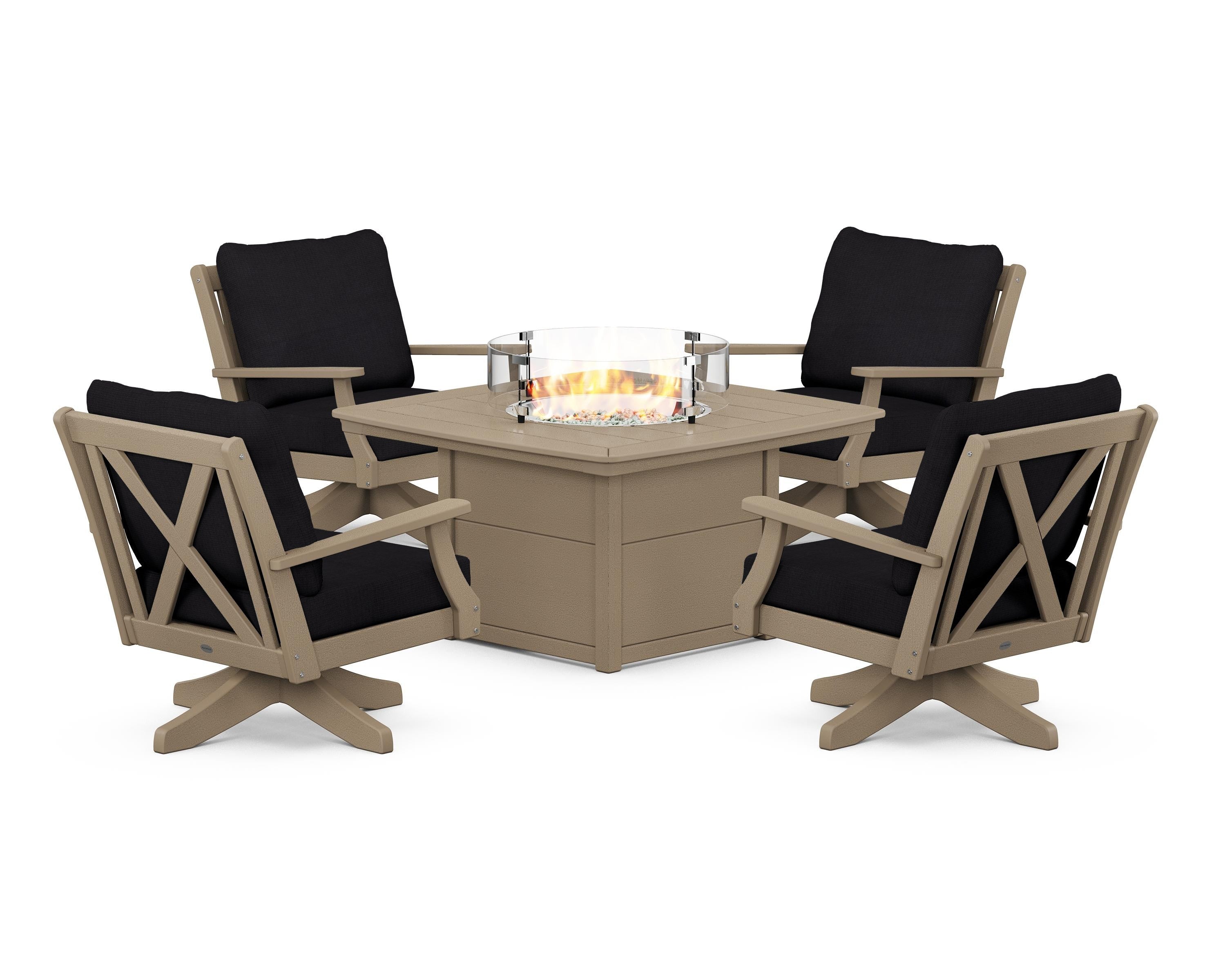 POLYWOOD Braxton 5-Piece Deep Seating Swivel Conversation Set with Fire Pit Table in Vintage Sahara / Midnight Linen