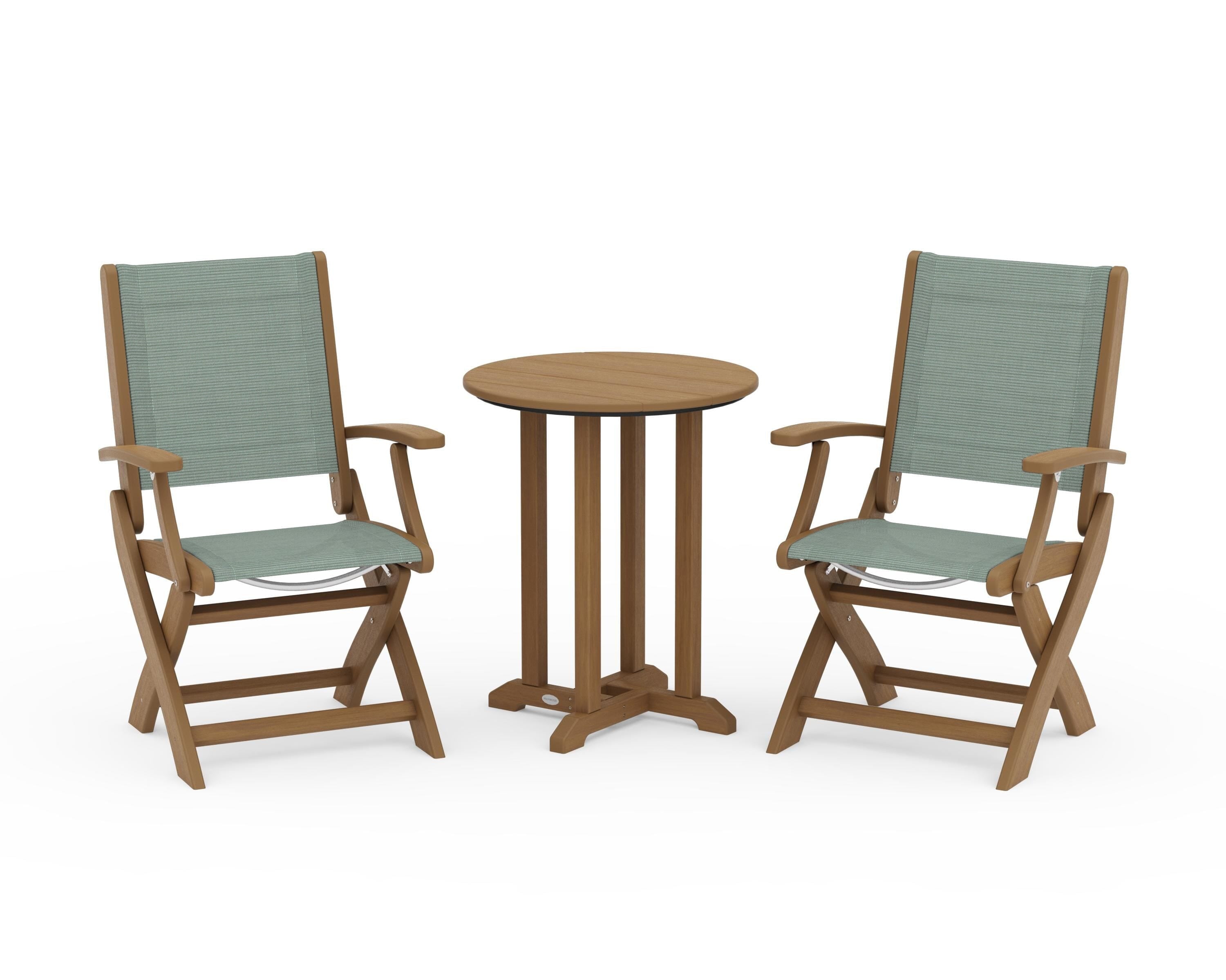 POLYWOOD Coastal Folding 3-Piece Round Bistro Dining Set in Natural / Dupioni Sea Mist Sling
