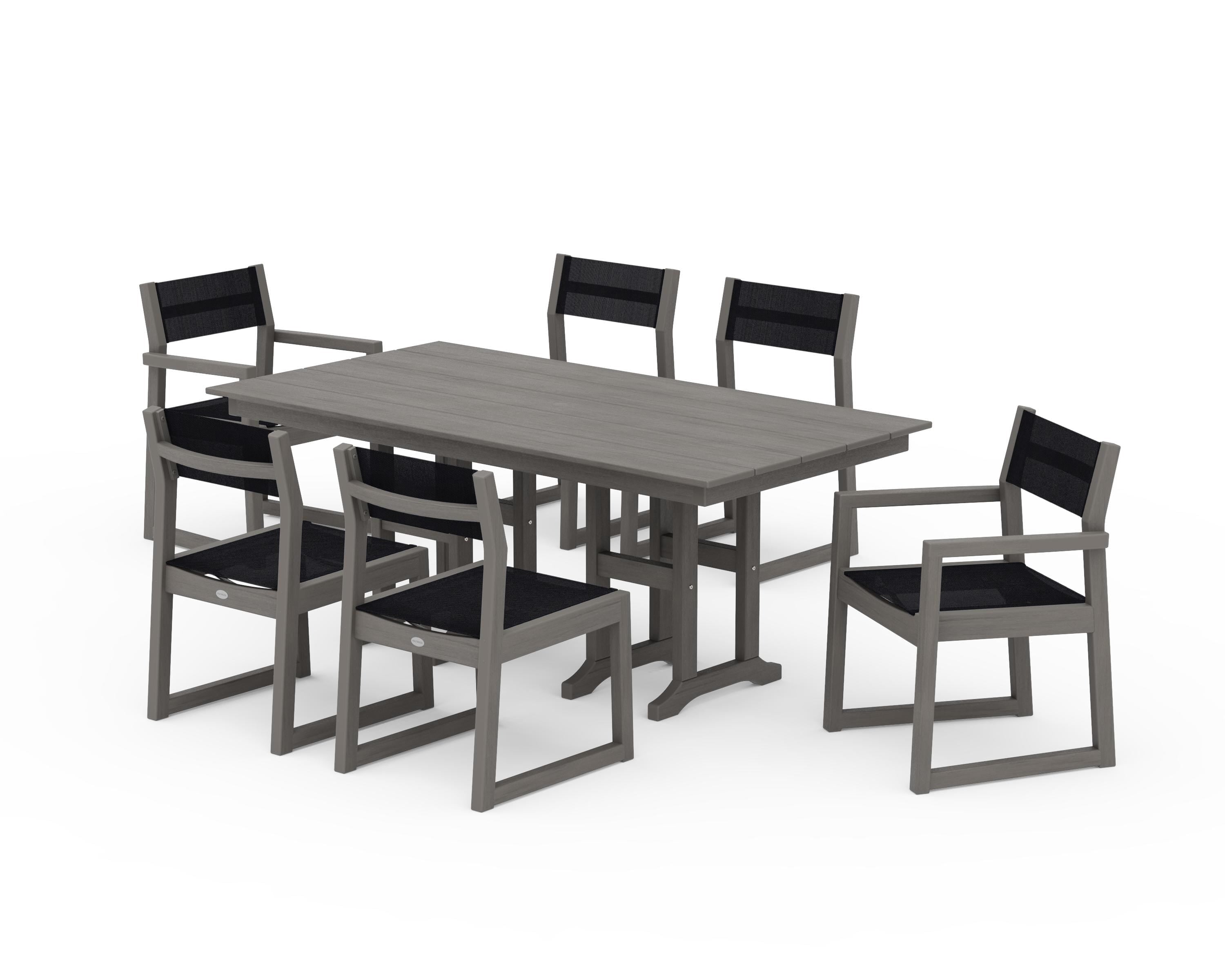 POLYWOOD EDGE Sling 7-Piece Farmhouse Dining Set in Driftwood / Black Sling