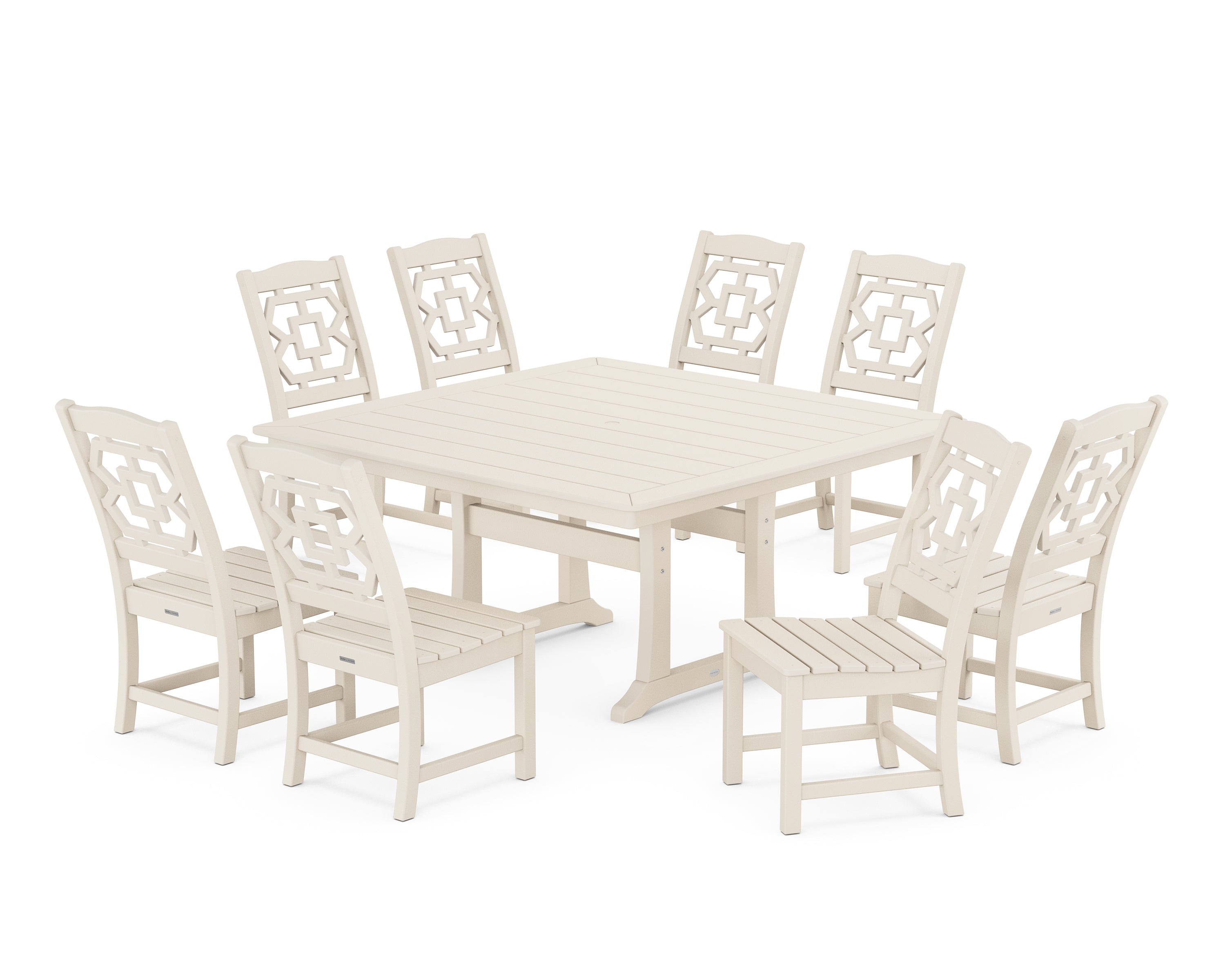 Martha Stewart by POLYWOOD Chinoiserie 9-Piece Square Side Chair Dining Set with Trestle Legs in Sand