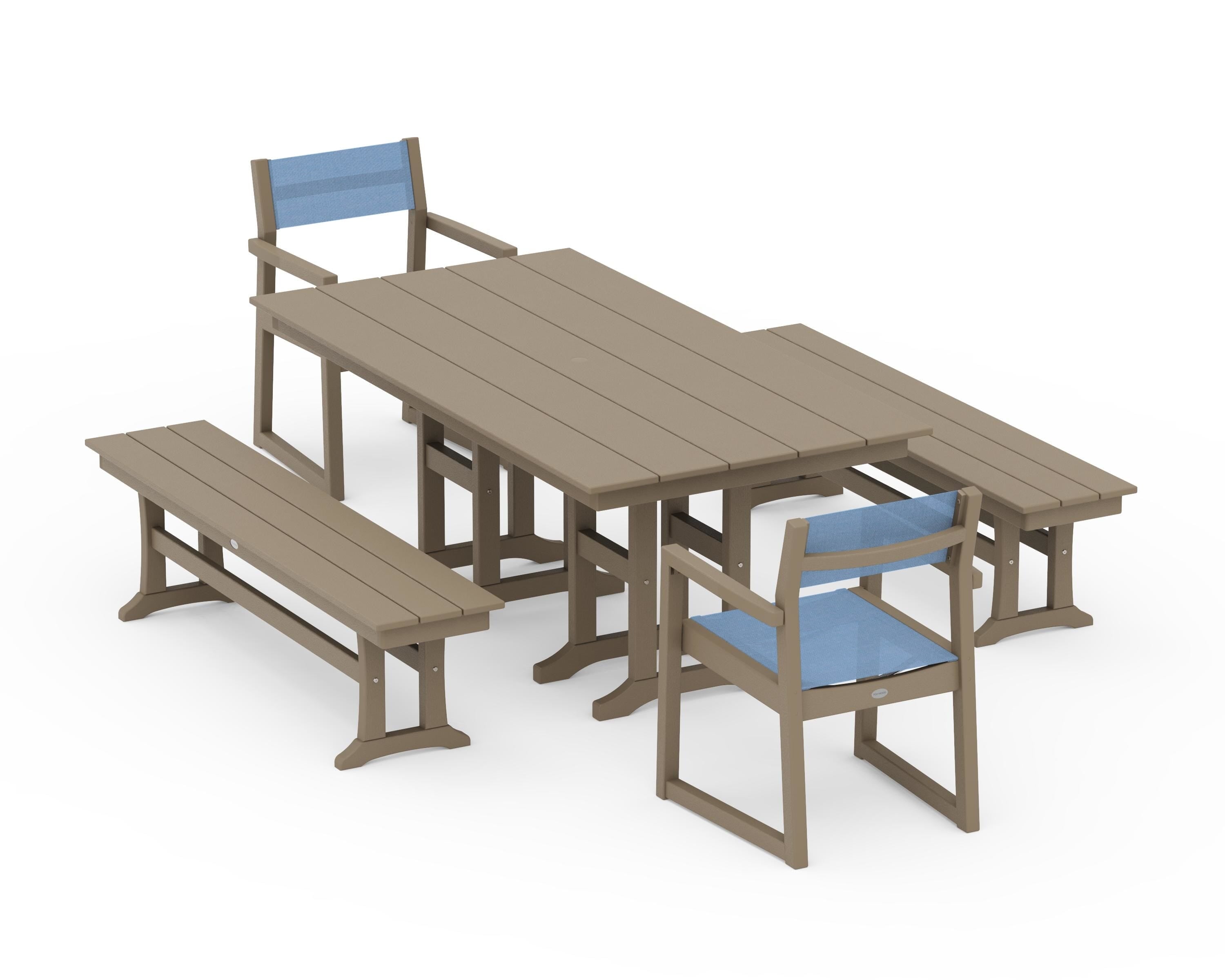 POLYWOOD EDGE Sling Arm Chair 5-Piece Farmhouse Dining Set with Benches in Vintage Sahara / Poolside Sling