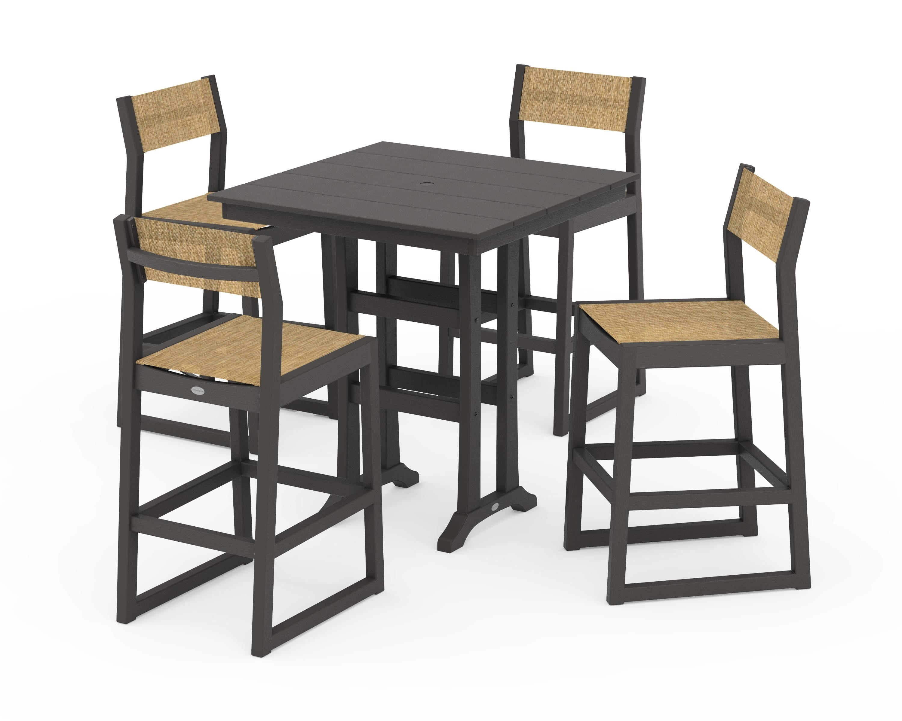 POLYWOOD EDGE Sling Arm Chair 5-Piece Farmhouse Bar Set with Trestle Legs in Vintage Coffee / Burlap Sling