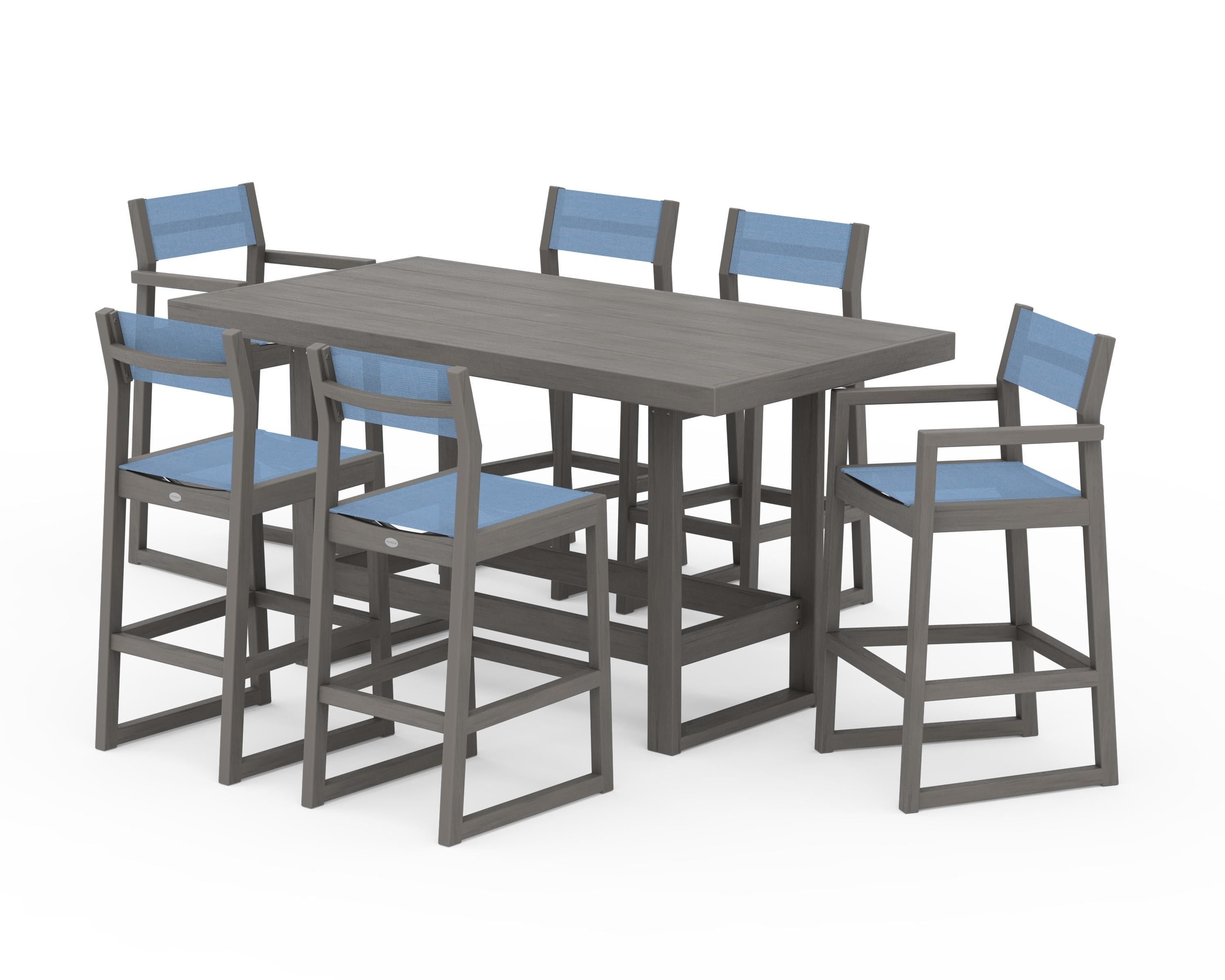 POLYWOOD EDGE Sling 7-Piece Bar Table Set in Driftwood / Poolside Sling