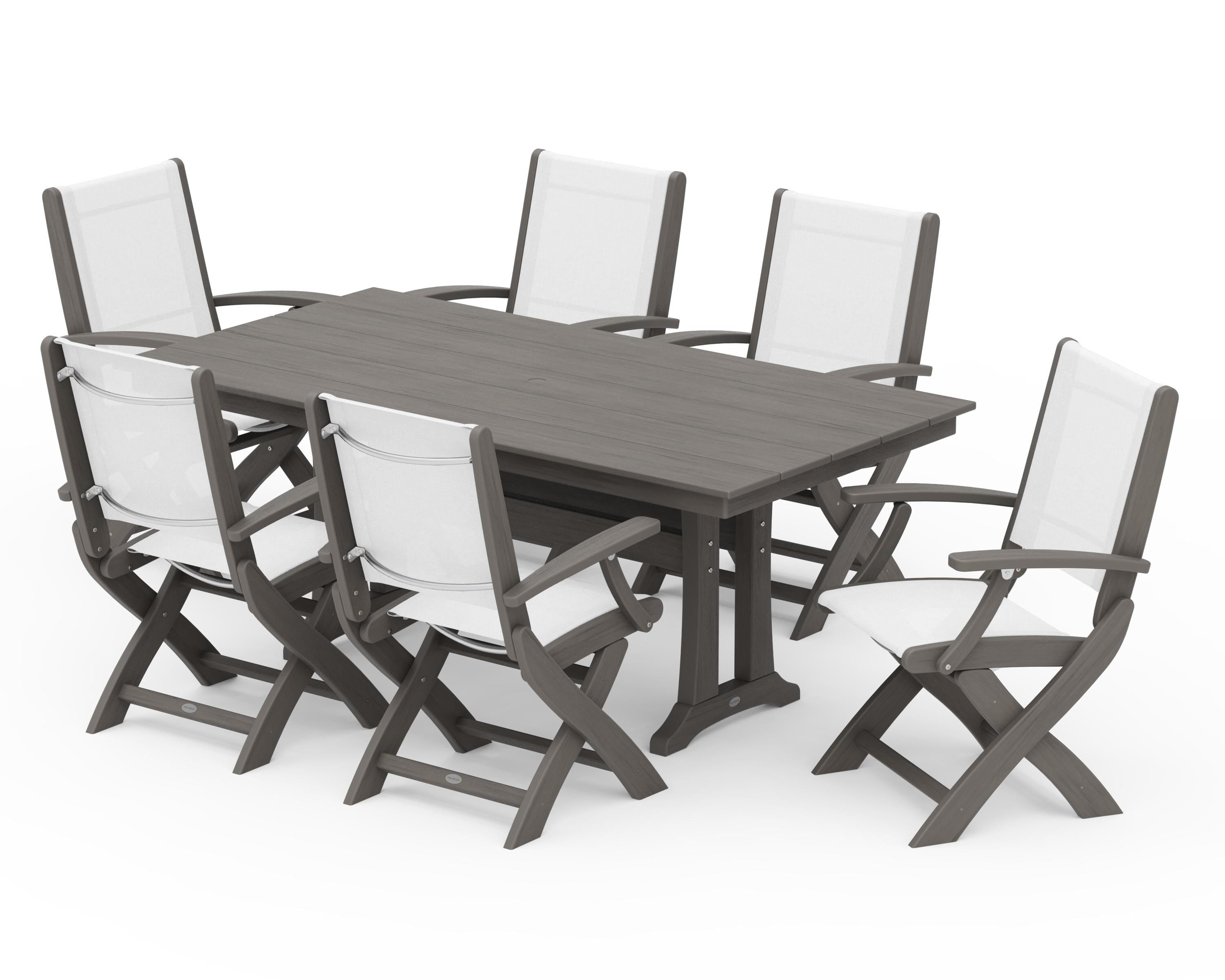 POLYWOOD Coastal Folding Arm Chair 7-Piece Farmhouse Dining Set with Trestle Legs in Driftwood / White Sling