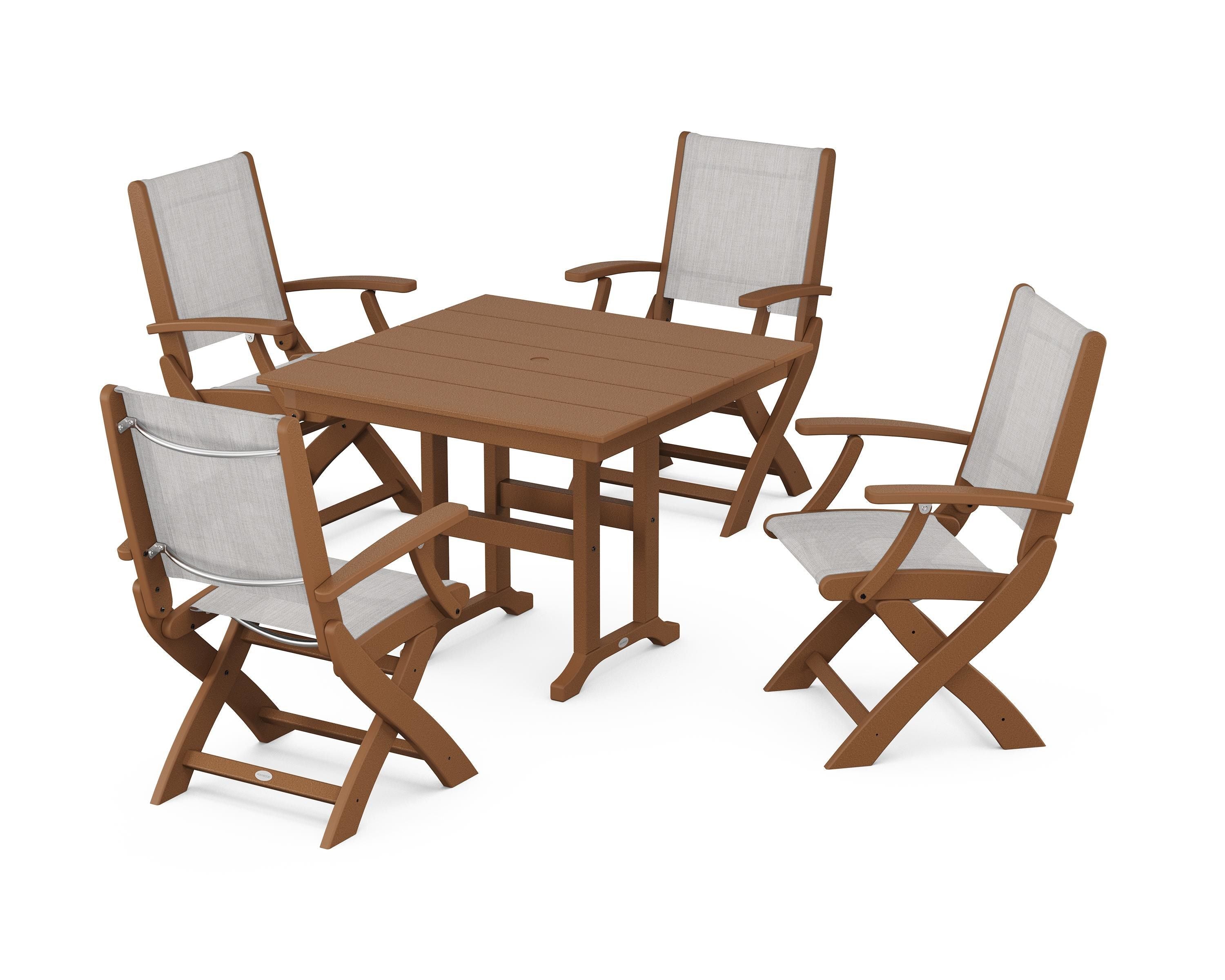 POLYWOOD Coastal Folding Chair 5-Piece Farmhouse Dining Set in Teak / Parchment Sling