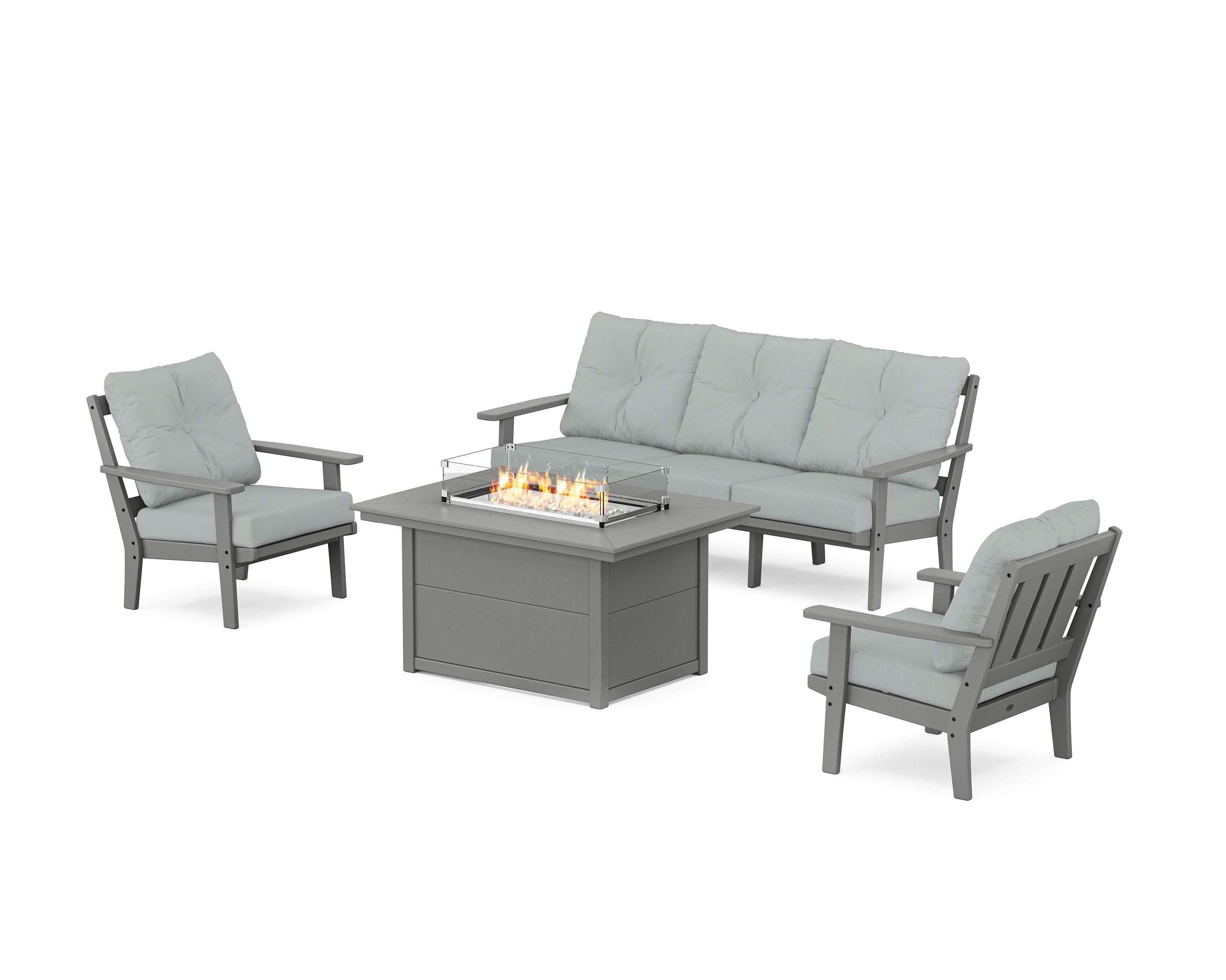 POLYWOOD Oxford Deep Seating Fire Pit Table Set in Slate Grey / Spa