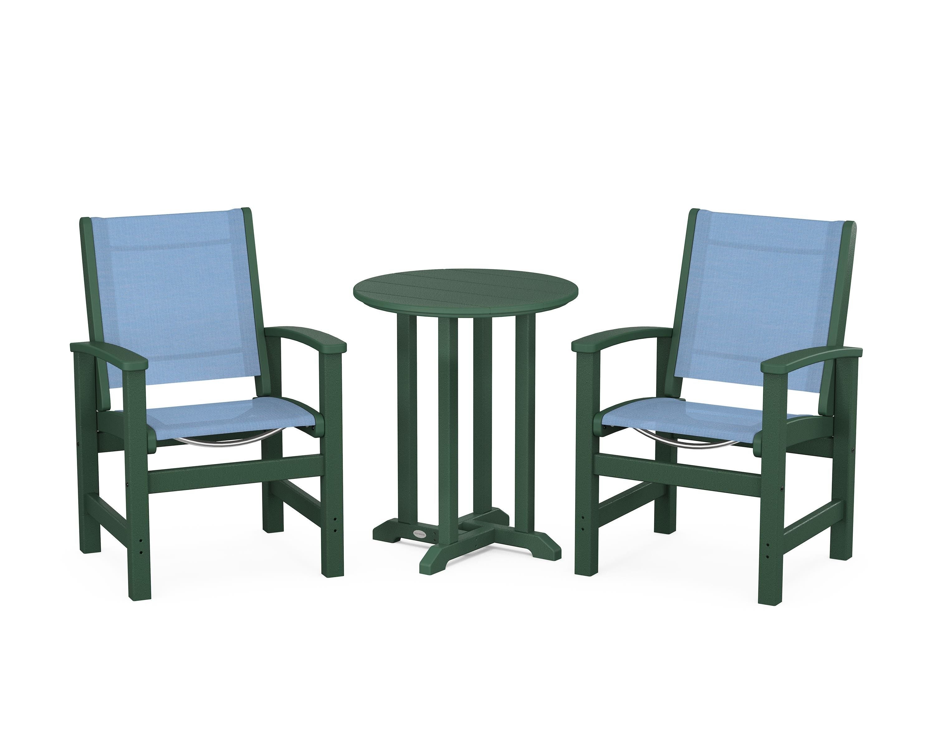 POLYWOOD Coastal 3-Piece Round Bistro Dining Set in Green / Poolside Sling