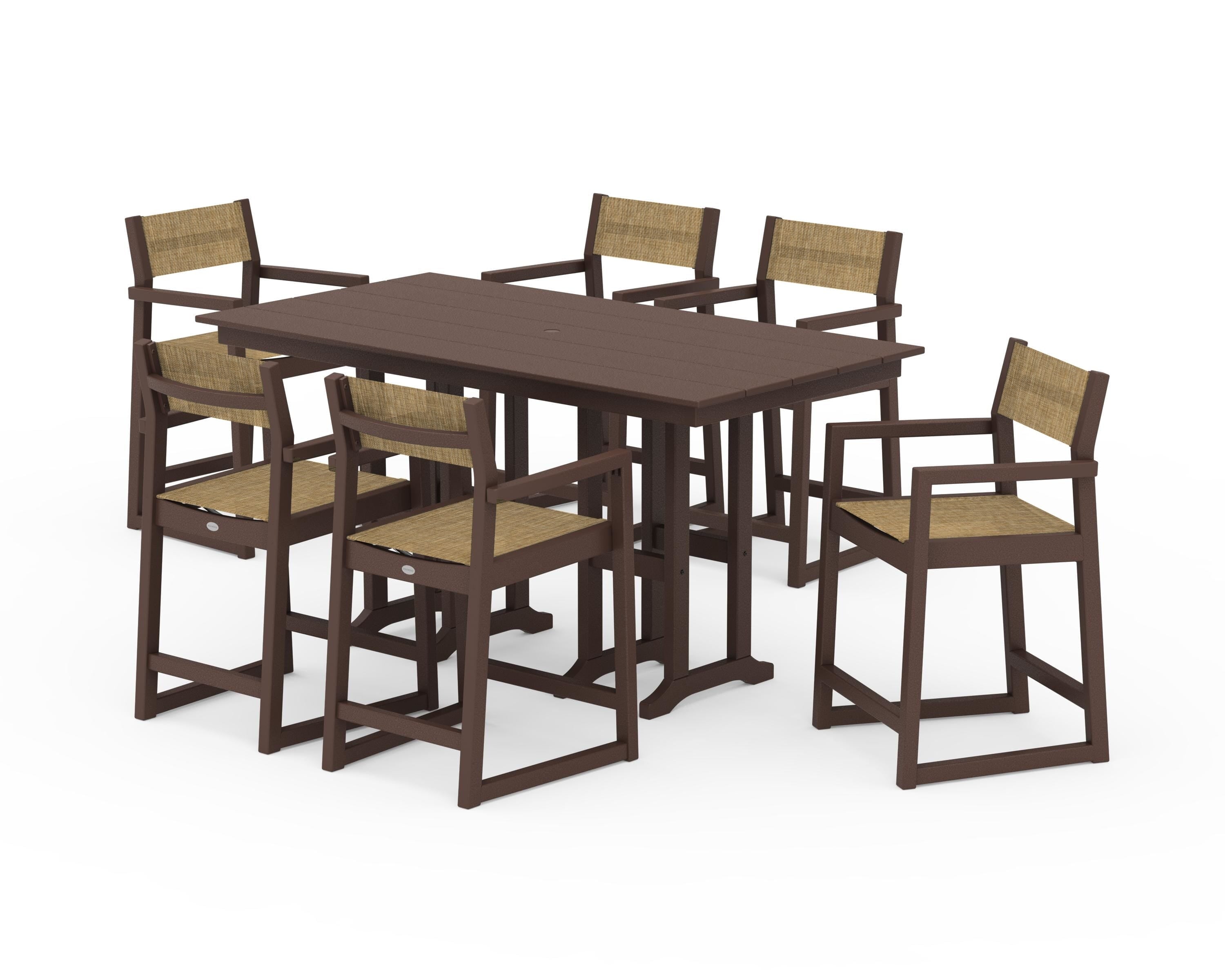 POLYWOOD EDGE Sling Arm Chair 7-Piece Farmhouse Counter Set in Mahogany / Burlap Sling