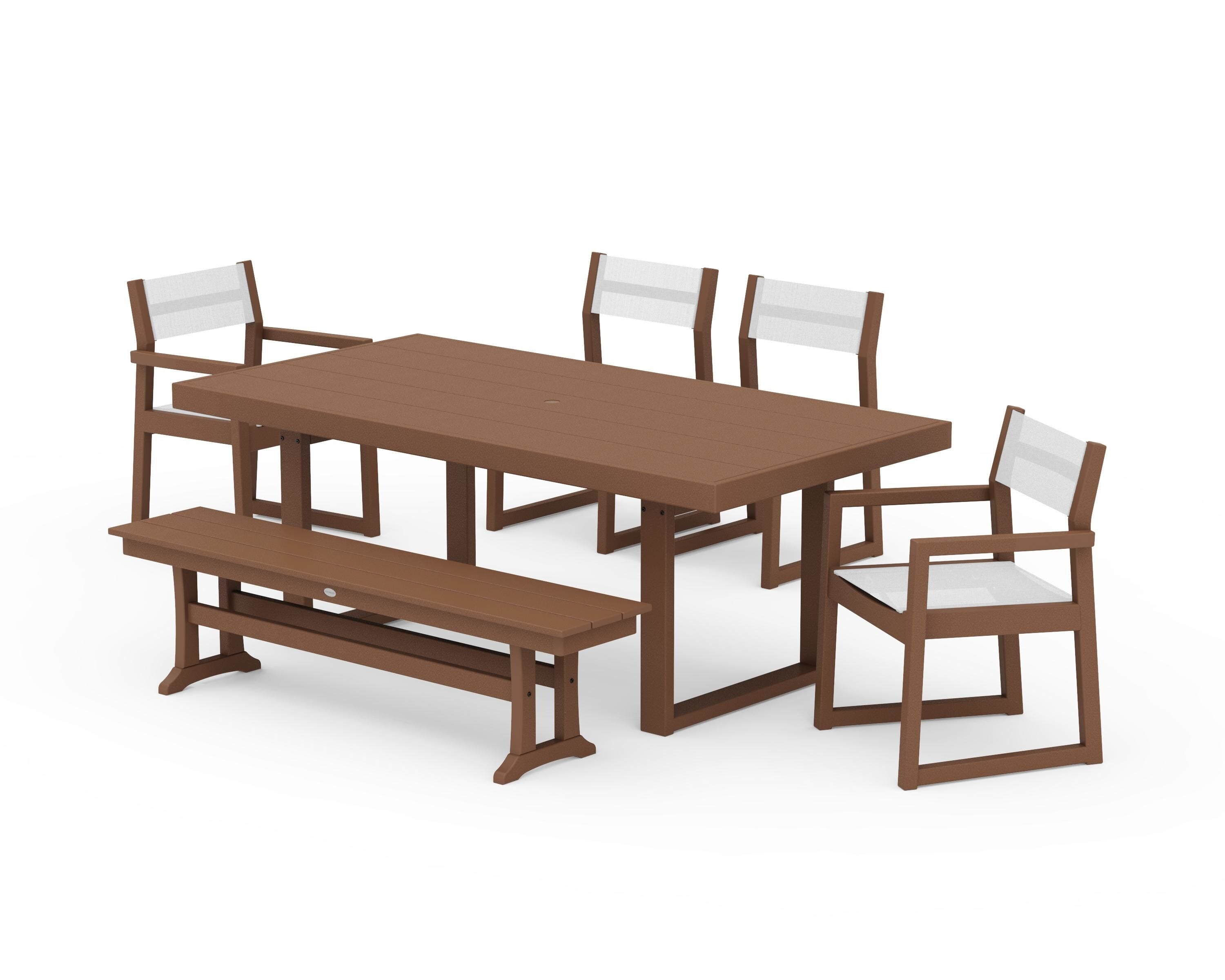 POLYWOOD EDGE Sling 6-Piece Dining Set with Bench in Teak / White Sling