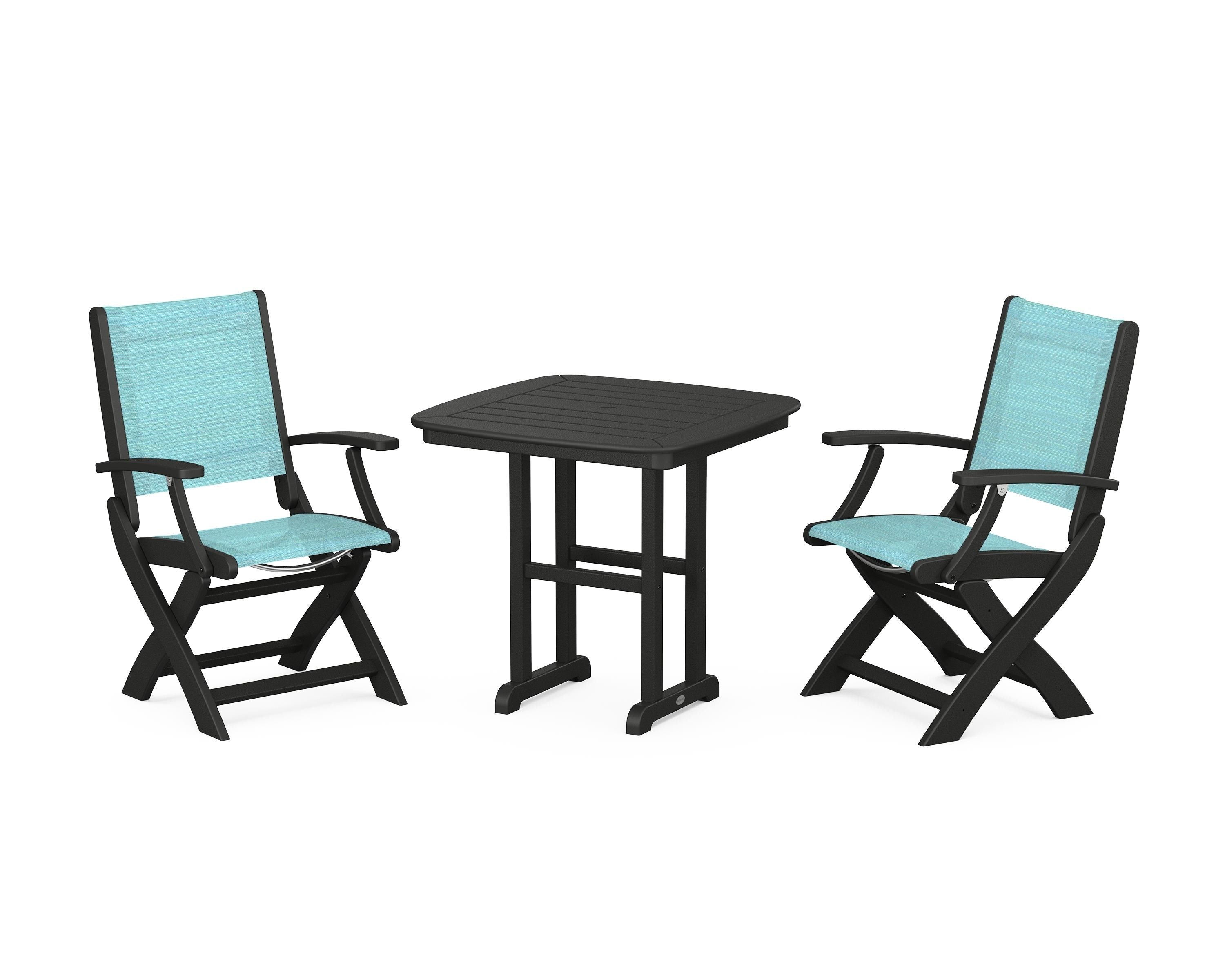 POLYWOOD Coastal Folding Chair 3-Piece Dining Set in Black / Dupioni Aquamarine Sling