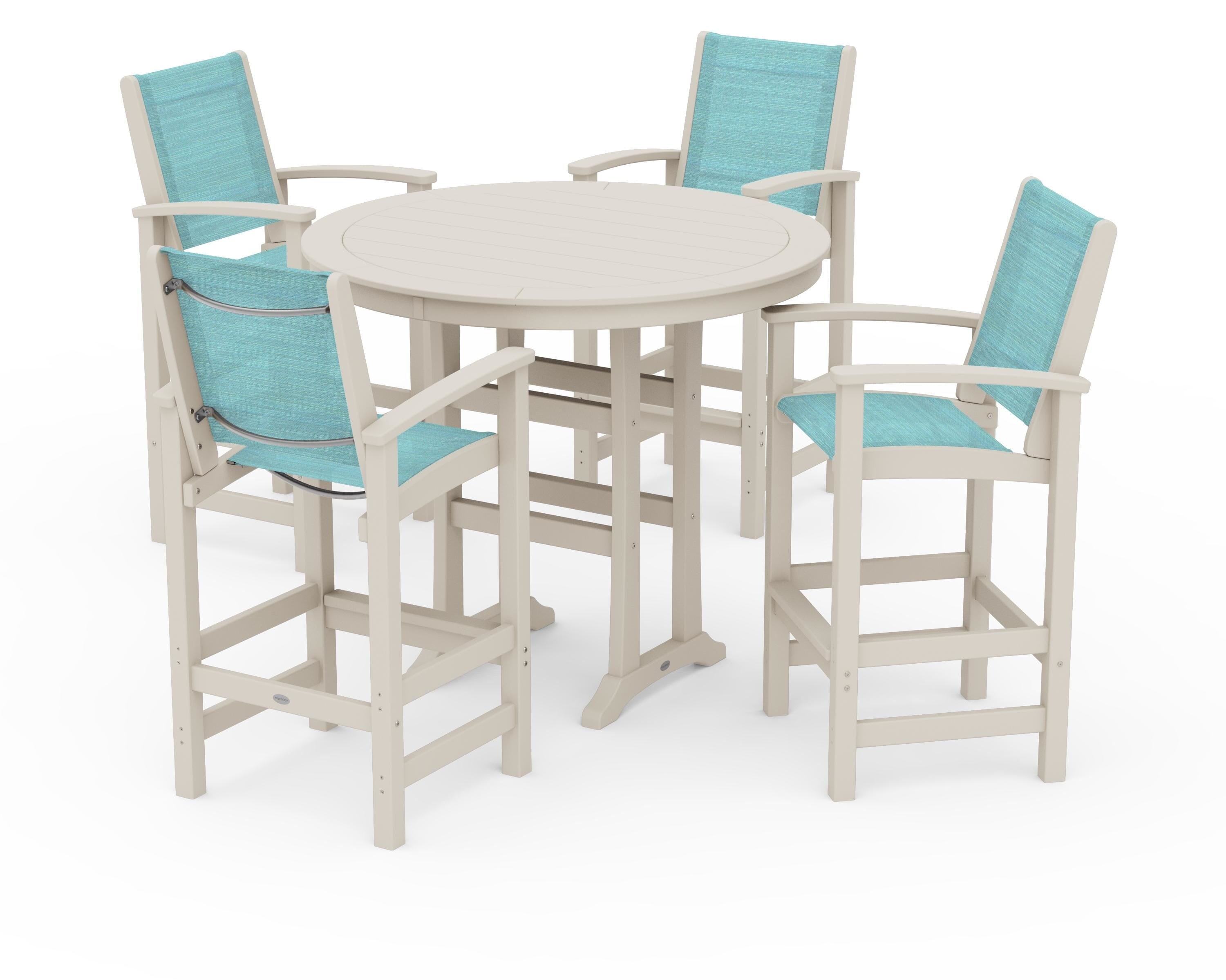 POLYWOOD Coastal 5-Piece Nautical Trestle Bar Set in Sand / Dupioni Aquamarine Sling