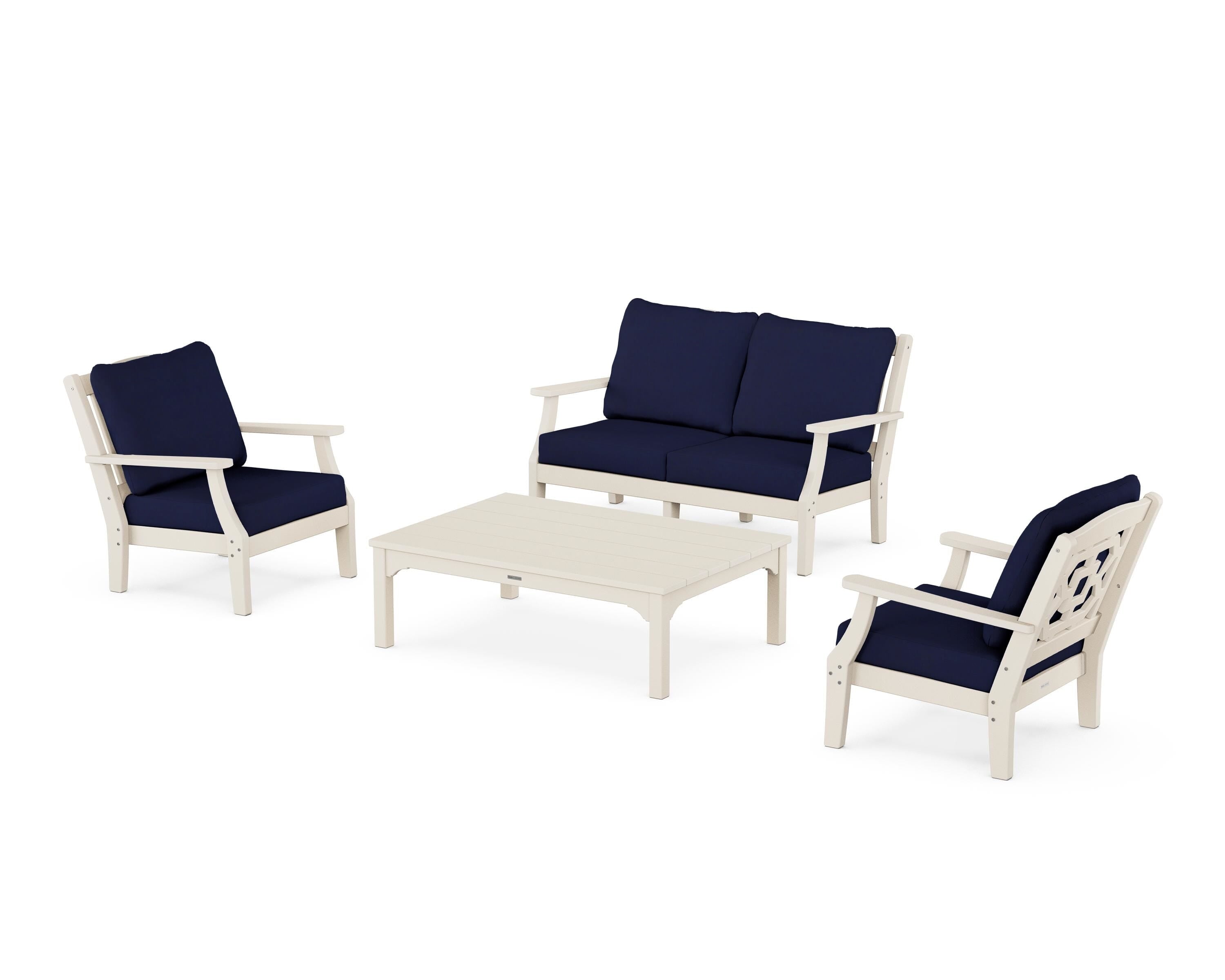Martha Stewart by POLYWOOD Chinoiserie 4-Piece Deep Seating Set with Loveseat in Sand / Navy