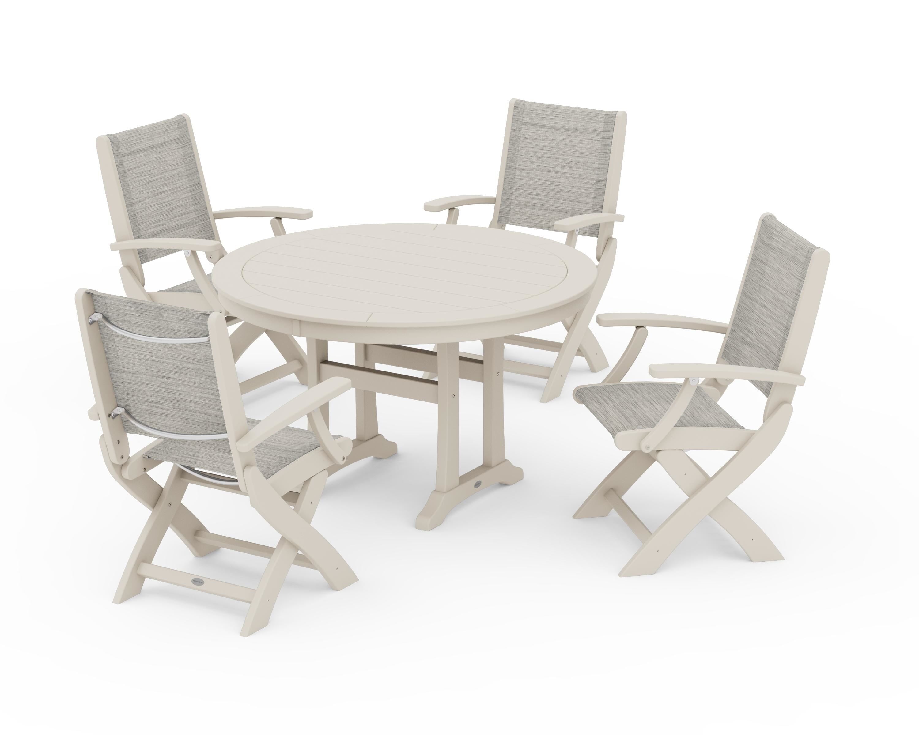 POLYWOOD Coastal Folding Chair 5-Piece Round Dining Set with Trestle Legs in Sand / Birch Sling