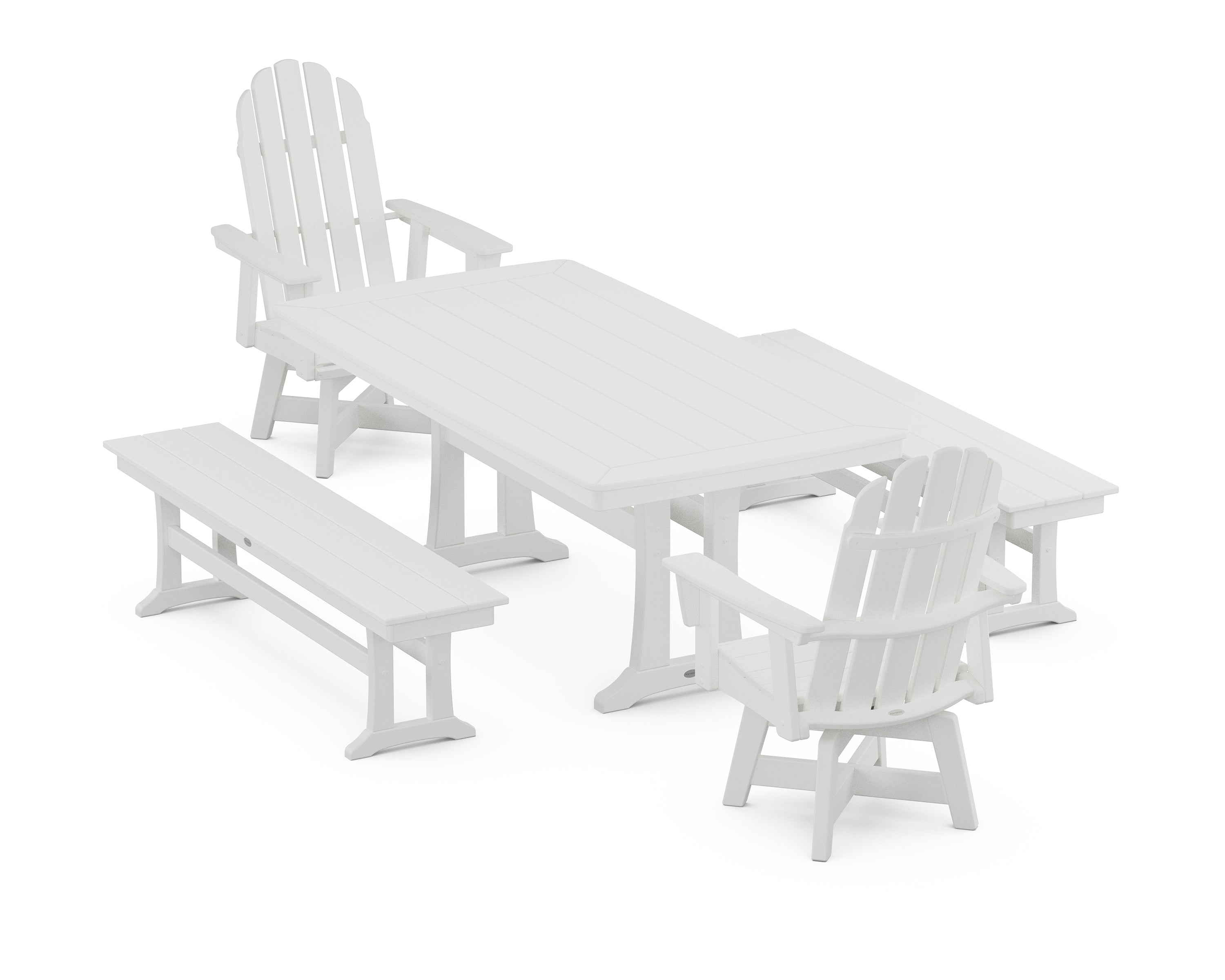 POLYWOOD Vineyard Adirondack Swivel Chair 5-Piece Dining Set with Trestle Legs and Benches in White