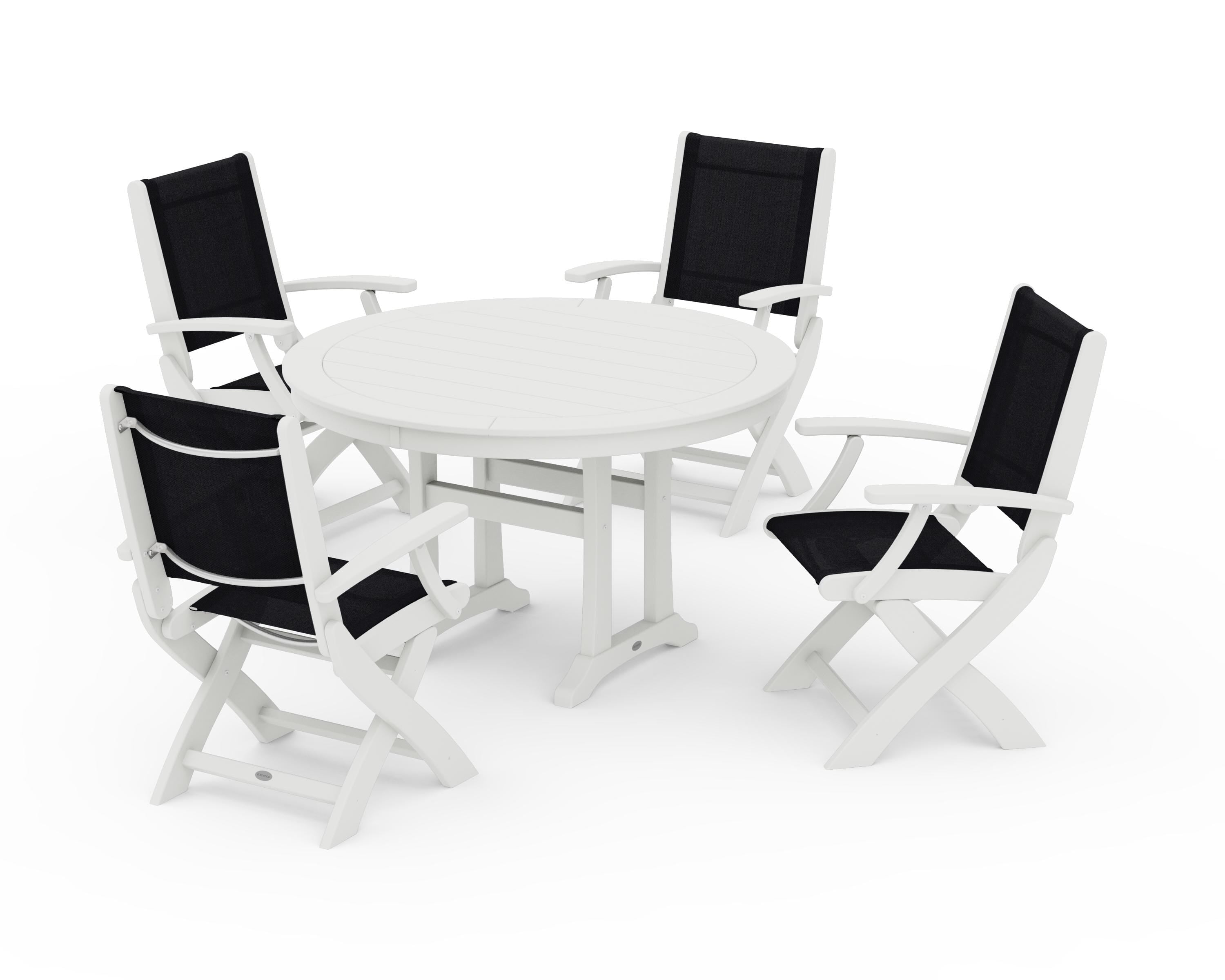 POLYWOOD Coastal Folding Chair 5-Piece Round Dining Set with Trestle Legs in Vintage White / Black Sling