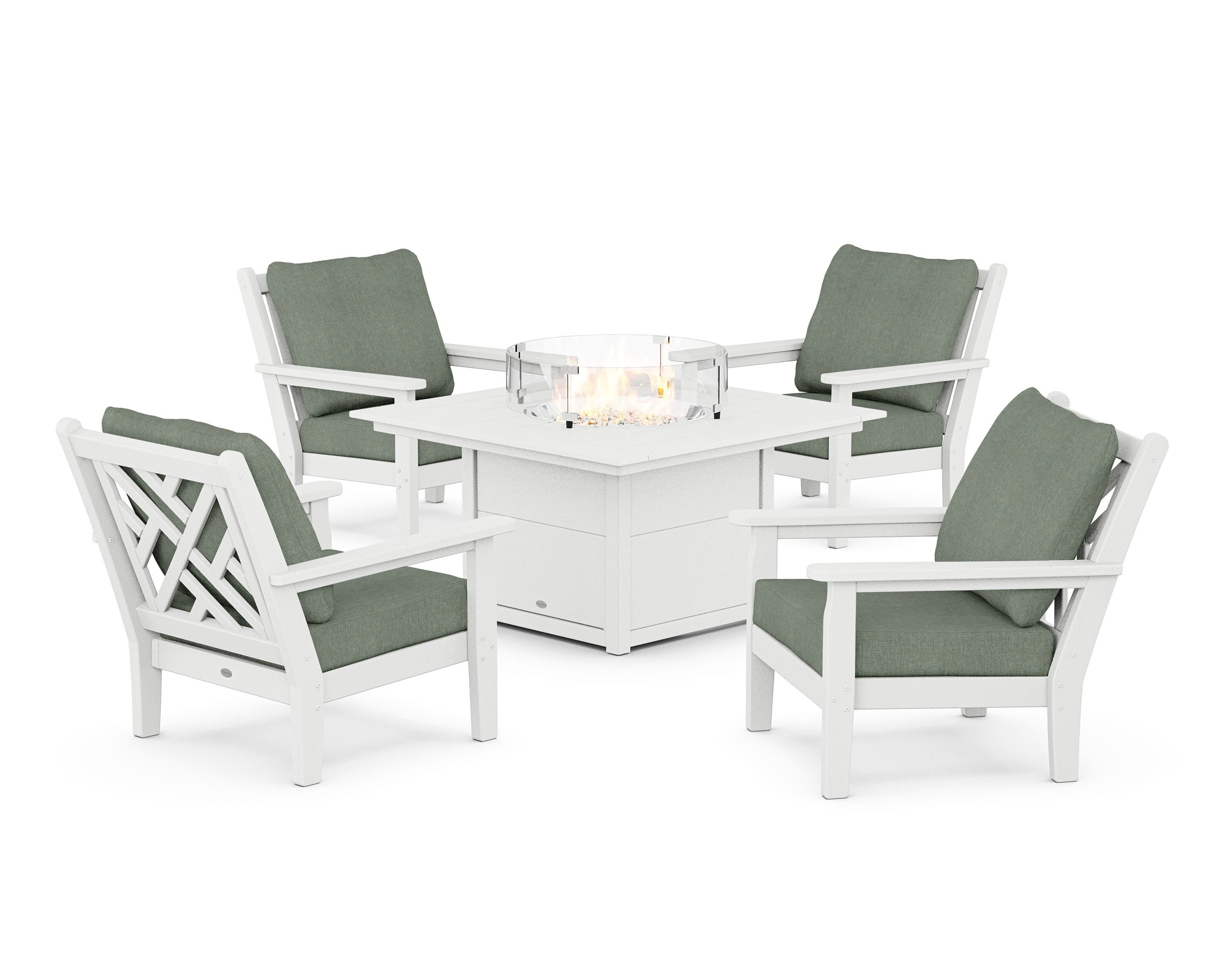 POLYWOOD Chippendale 5-Piece Deep Seating Set with Fire Pit Table in White / Cast Sage