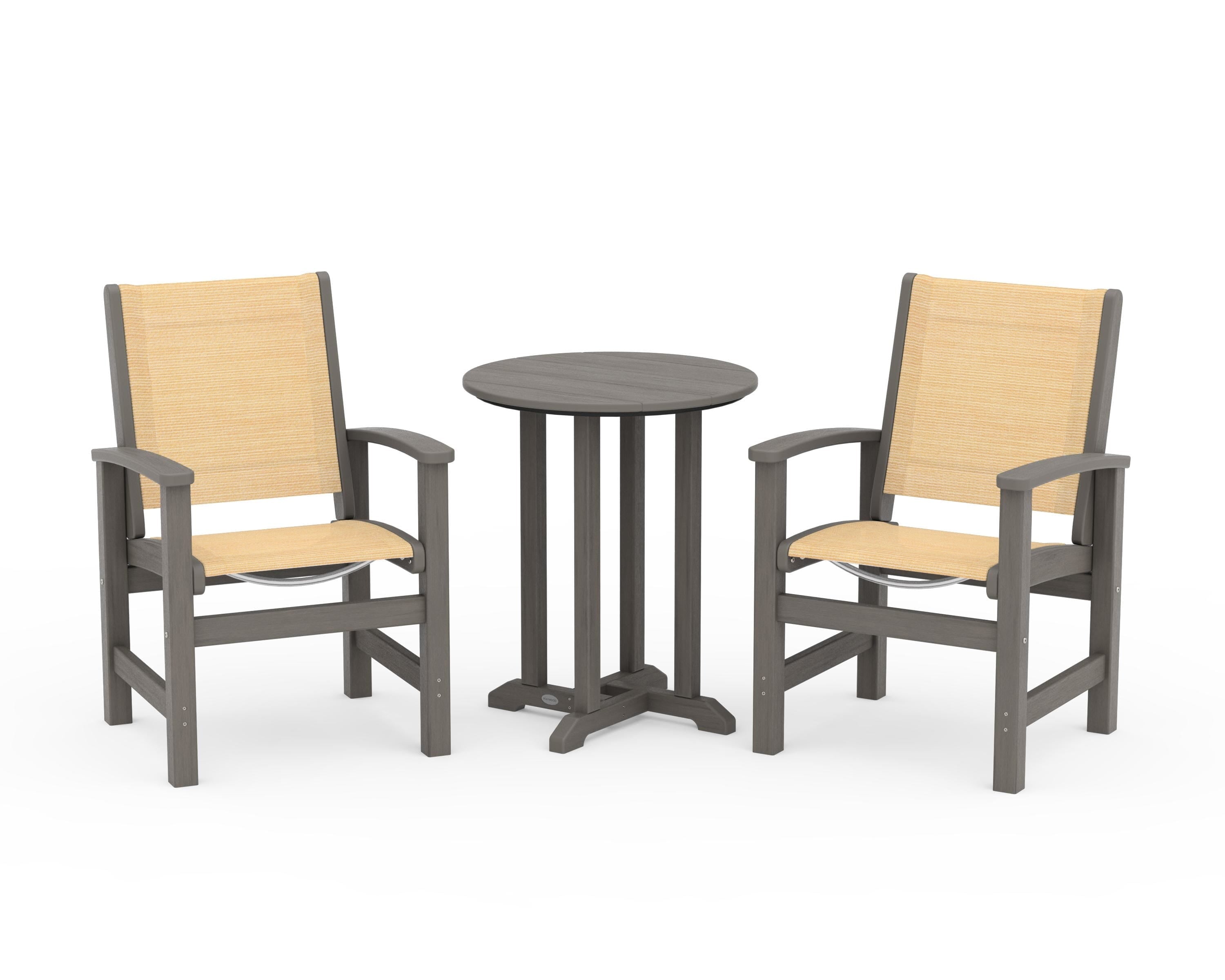 POLYWOOD Coastal 3-Piece Round Bistro Dining Set in Driftwood / Dupioni Apricot Sling