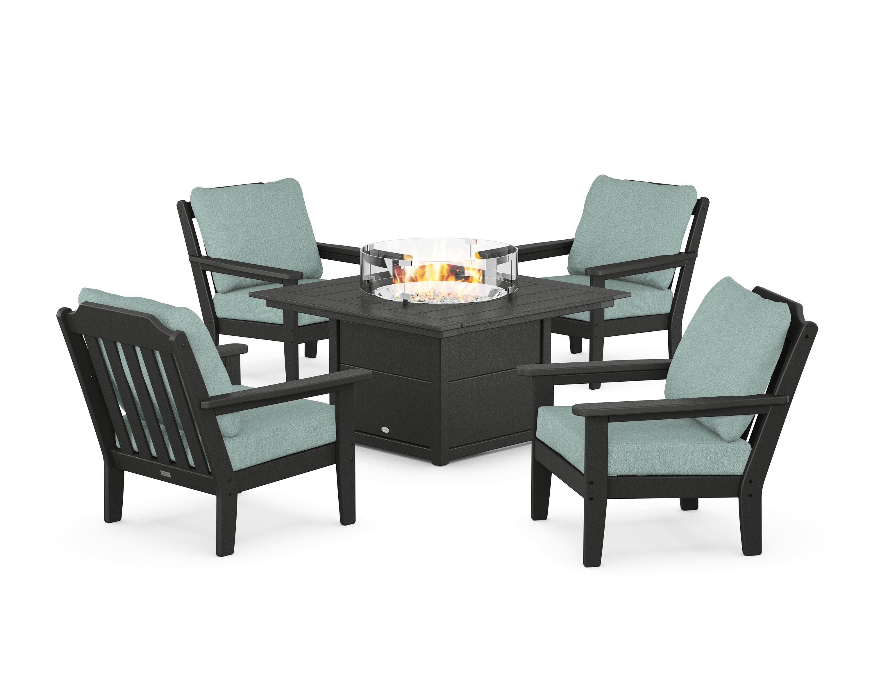 Country Living Cottage 5-Piece Deep Seating Set with Fire Pit Table in Black / Glacier Spa