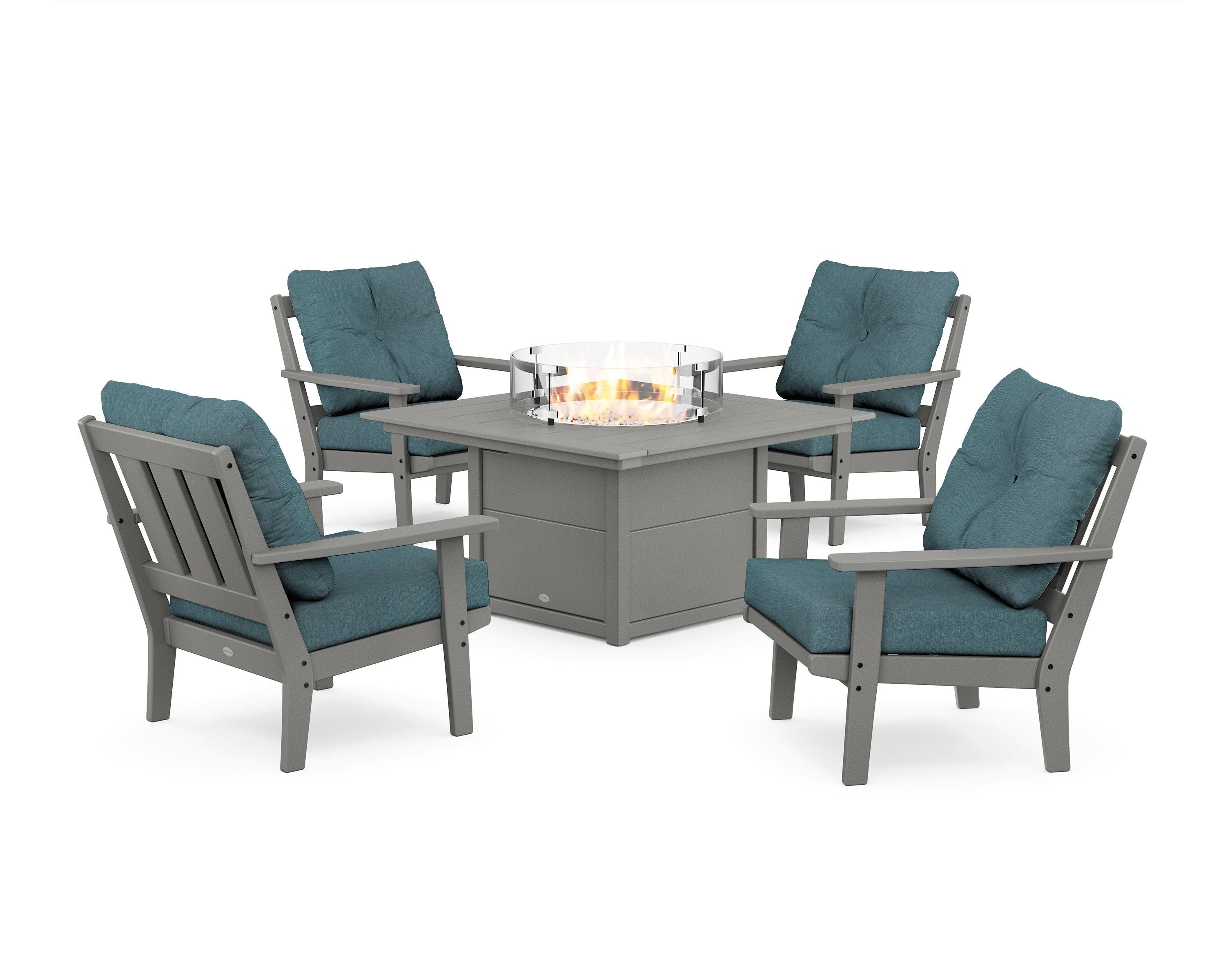 POLYWOOD Oxford 5-Piece Deep Seating Set with Fire Pit Table in Slate Grey / Ocean Teal