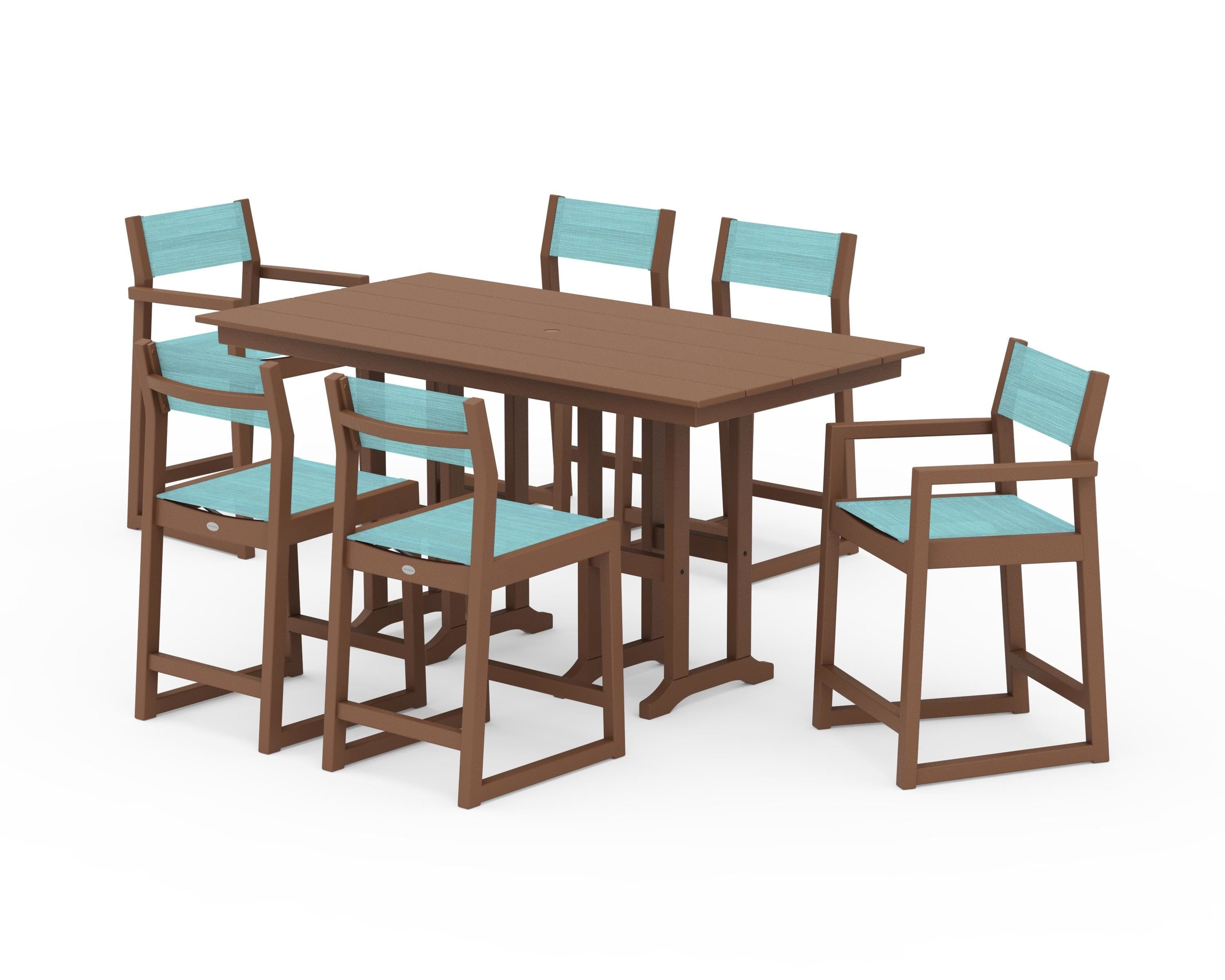 POLYWOOD EDGE Sling 7-Piece Farmhouse Counter Set in Teak / Dupioni Aquamarine Sling