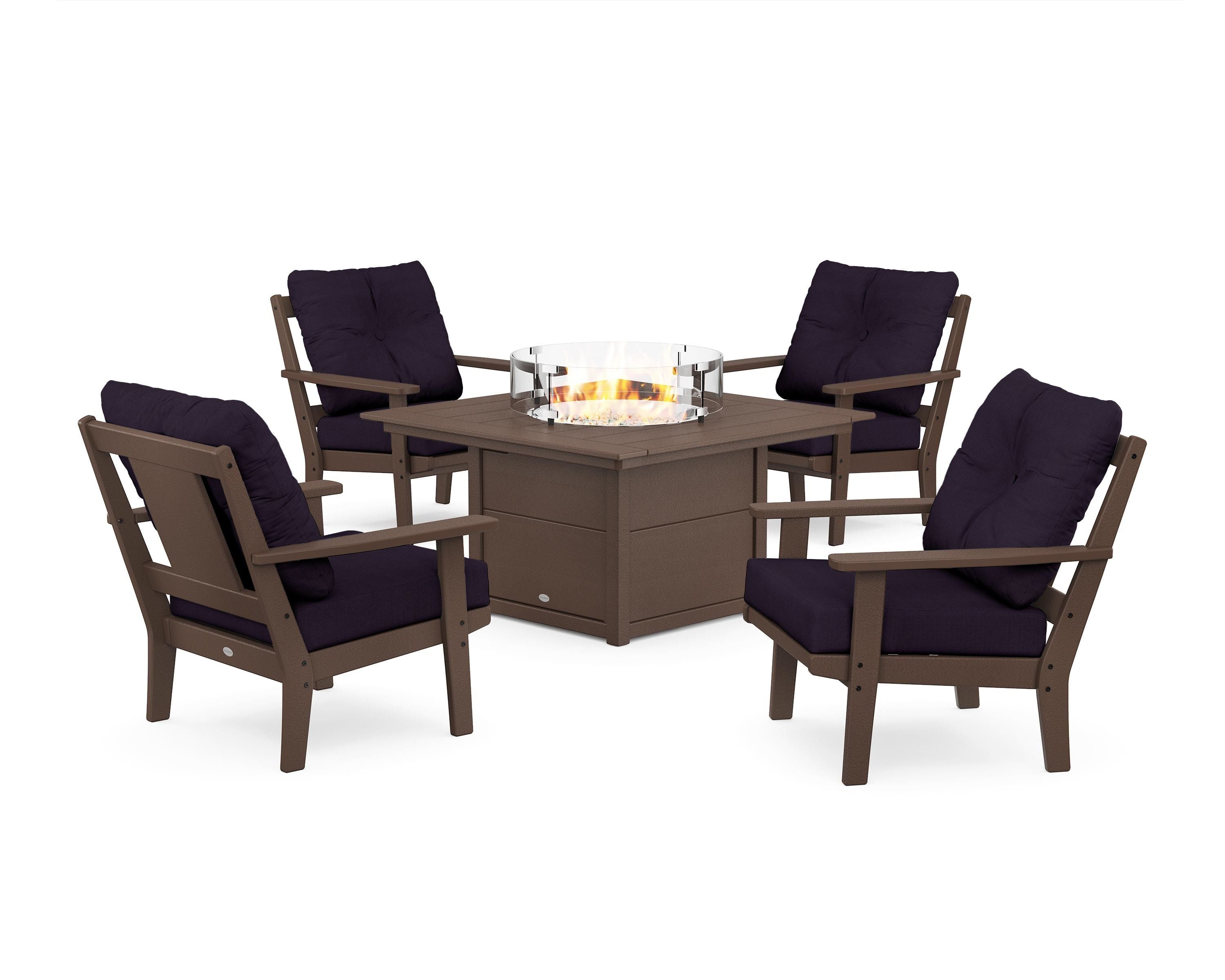 POLYWOOD Prairie 5-Piece Deep Seating Set with Fire Pit Table in Mahogany / Navy Linen