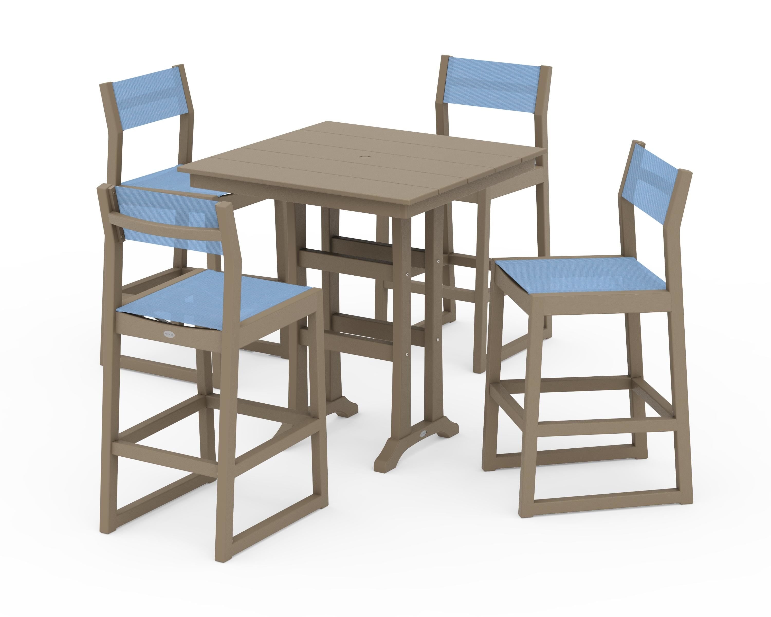 POLYWOOD EDGE Sling Arm Chair 5-Piece Farmhouse Bar Set with Trestle Legs in Vintage Sahara / Poolside Sling