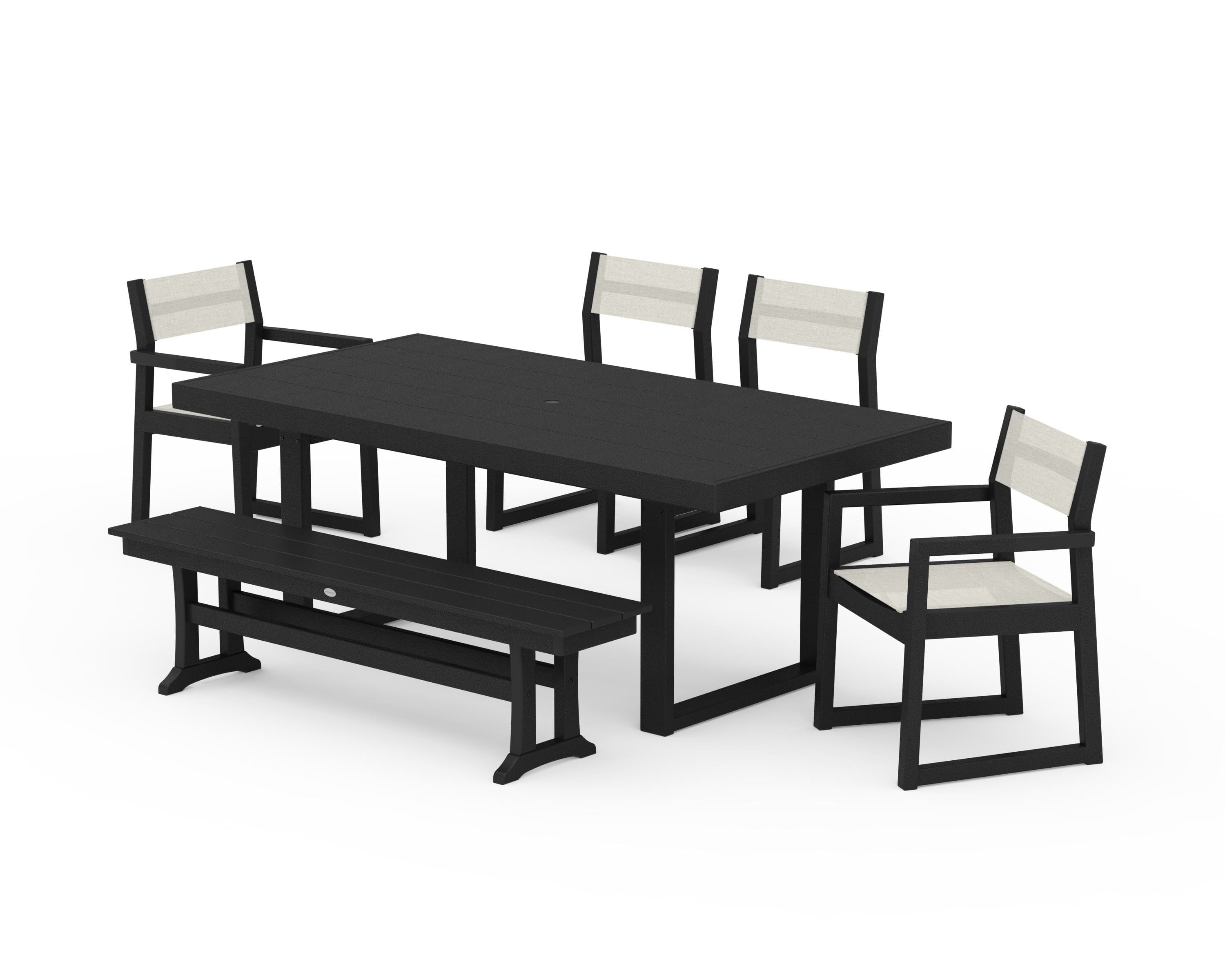 POLYWOOD EDGE Sling 6-Piece Dining Set with Bench in Black / Parchment Sling