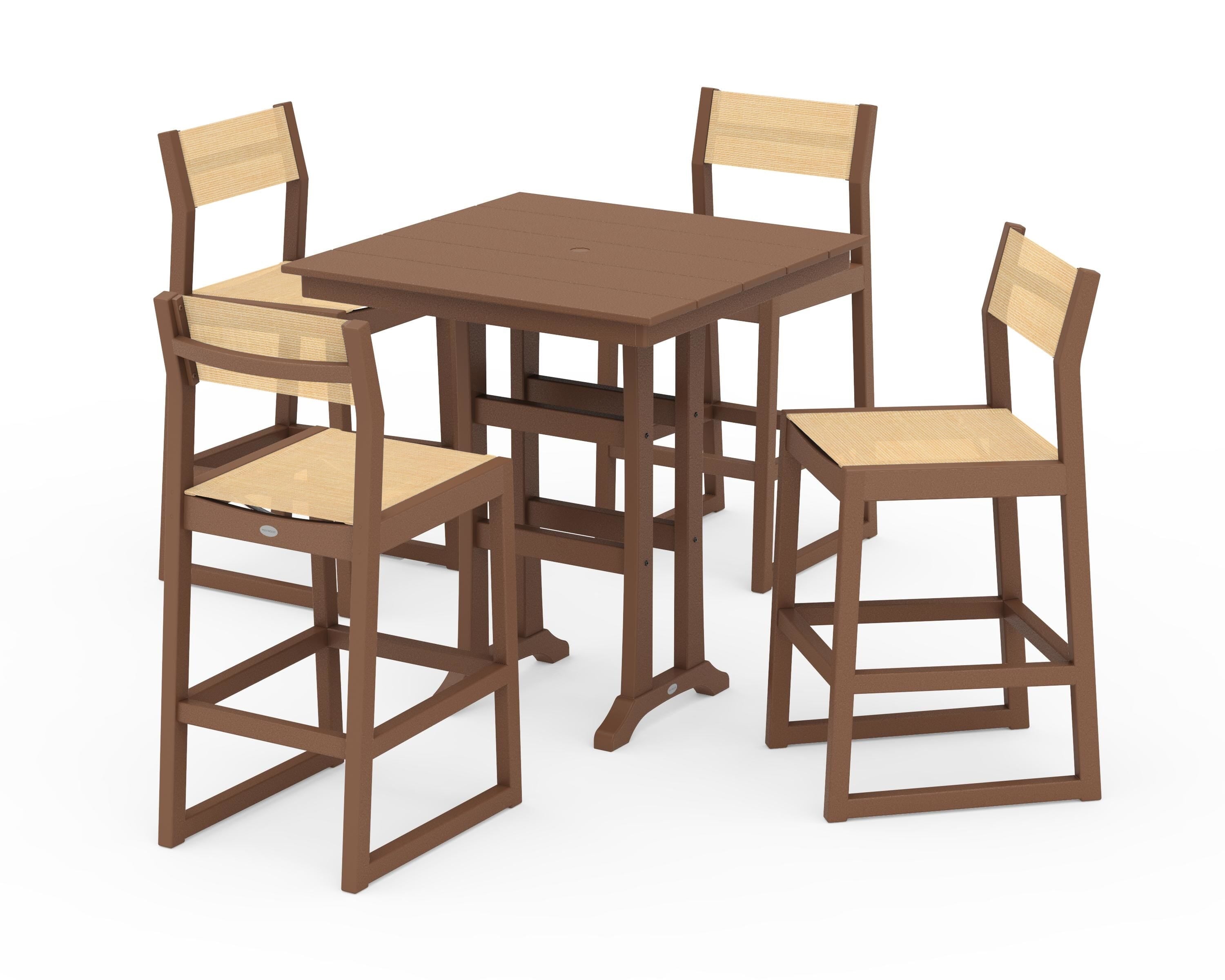 POLYWOOD EDGE Sling Arm Chair 5-Piece Farmhouse Bar Set with Trestle Legs in Teak / Dupioni Apricot Sling