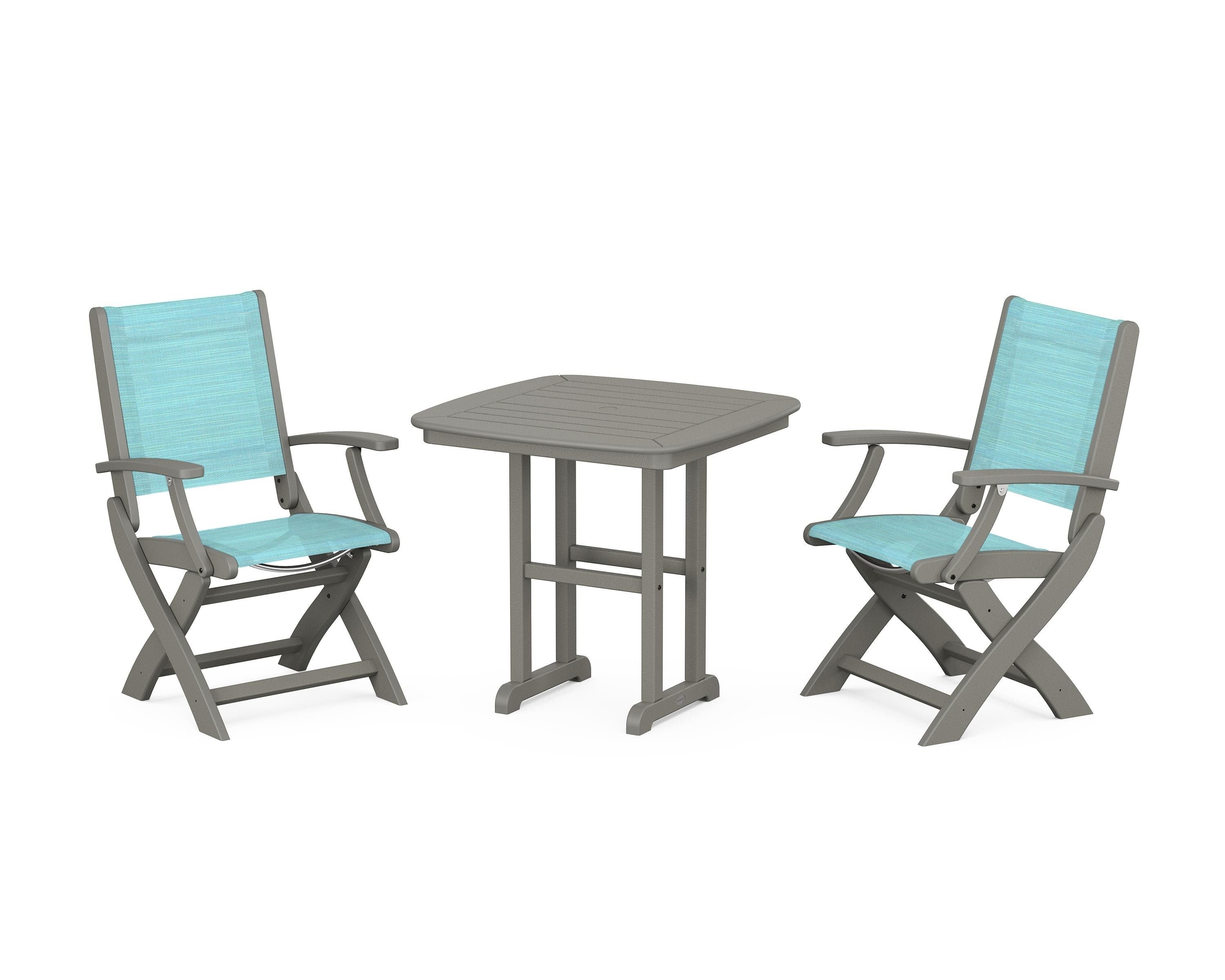 POLYWOOD Coastal Folding Chair 3-Piece Dining Set in Slate Grey / Dupioni Aquamarine Sling