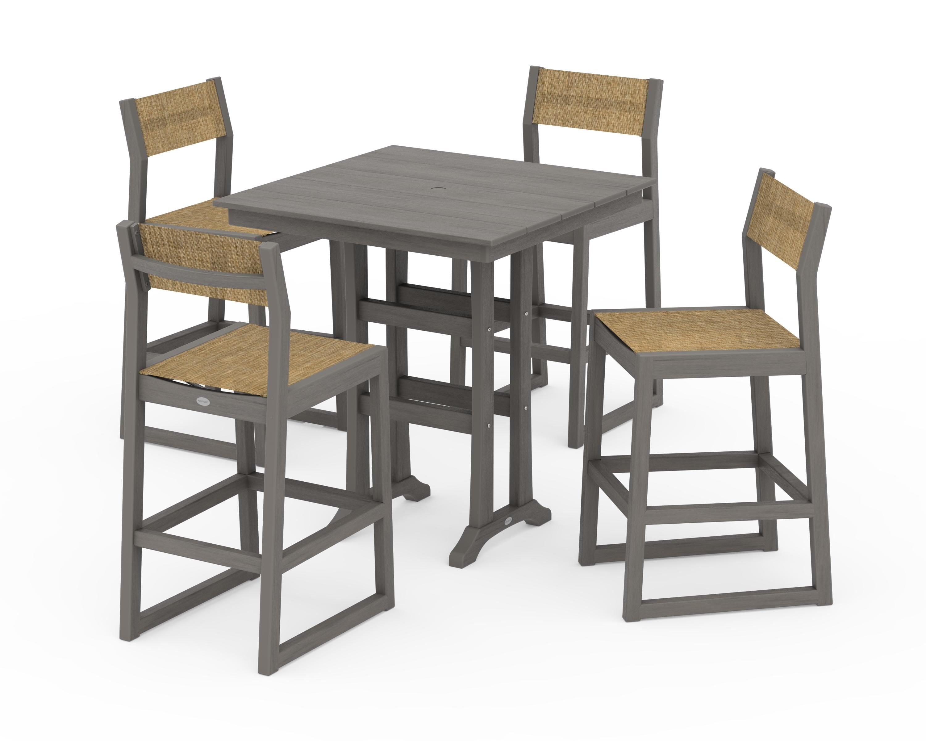 POLYWOOD EDGE Sling Arm Chair 5-Piece Farmhouse Bar Set with Trestle Legs in Driftwood / Burlap Sling