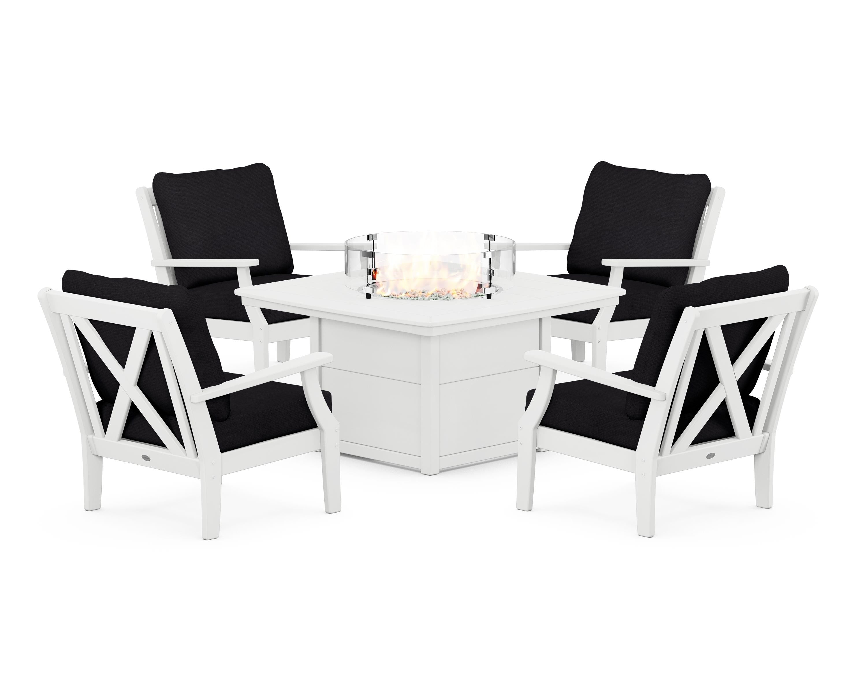POLYWOOD Braxton 5-Piece Deep Seating Conversation Set with Fire Pit Table in White / Midnight Linen