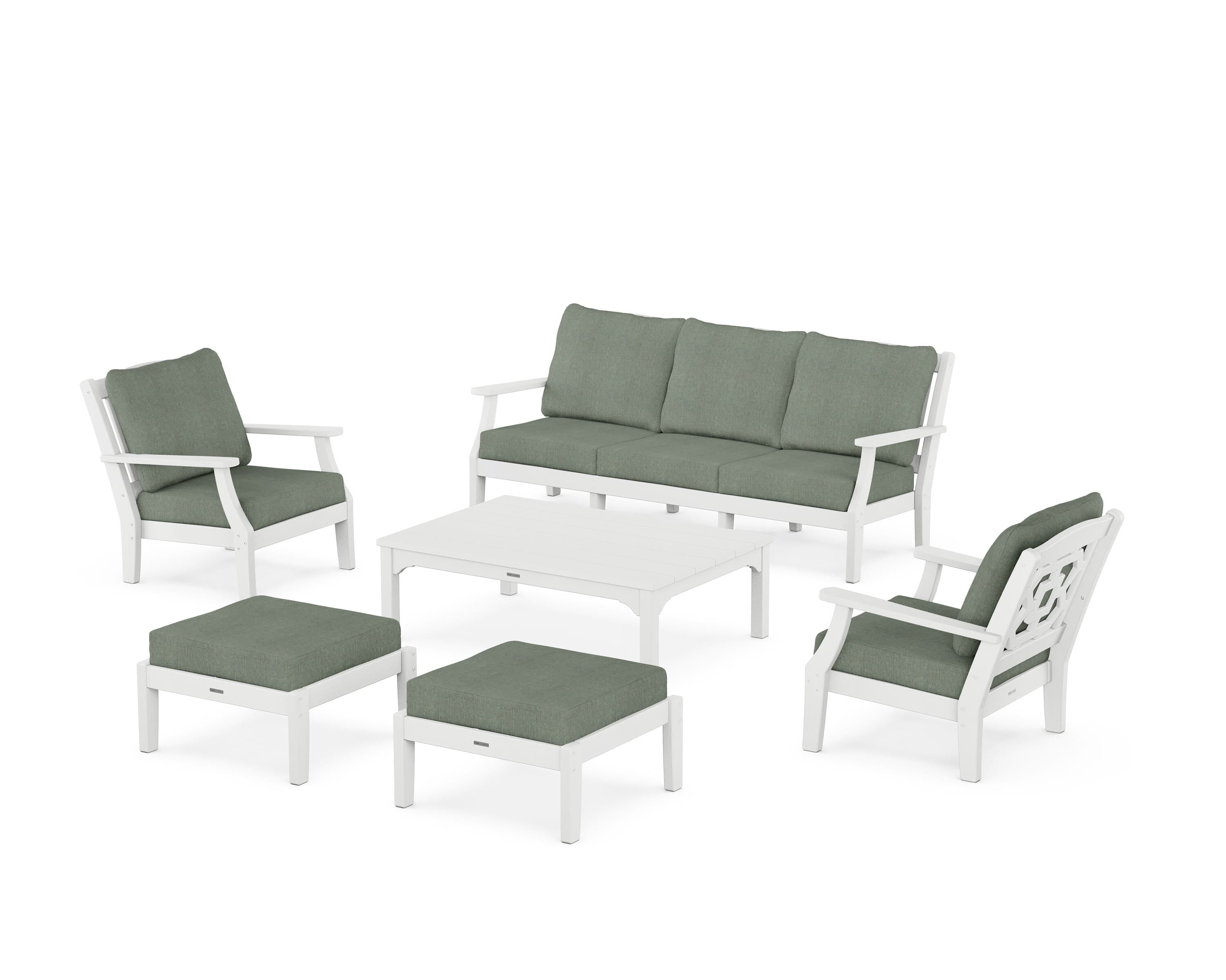 Martha Stewart by POLYWOOD Chinoiserie 6-Piece Lounge Sofa Set in White / Cast Sage
