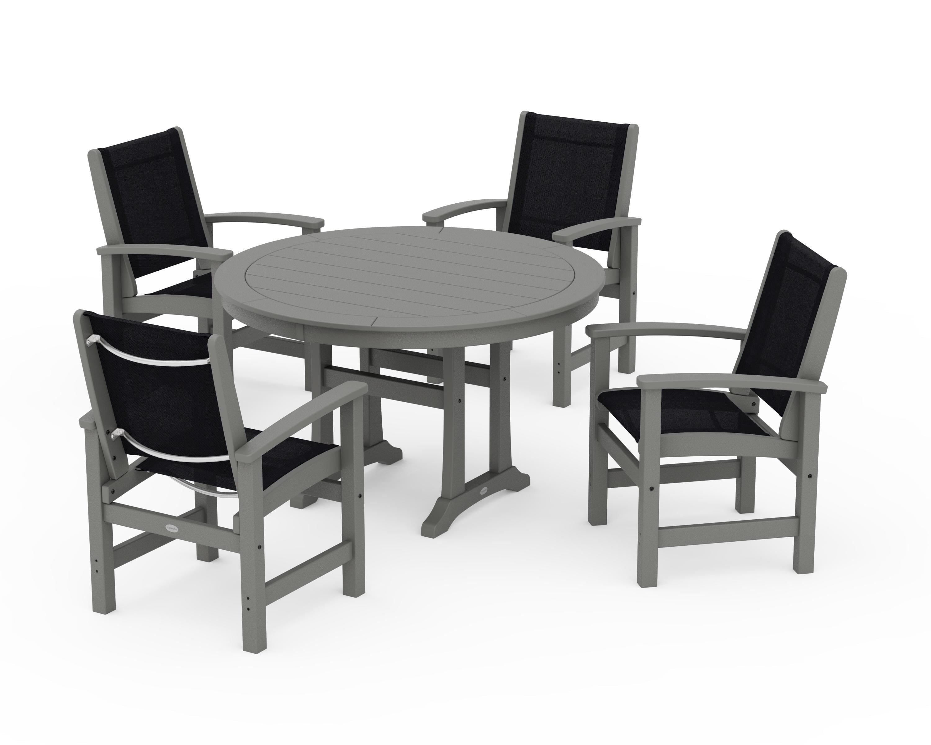 POLYWOOD Coastal 5-Piece Round Dining Set with Trestle Legs in Slate Grey / Black Sling